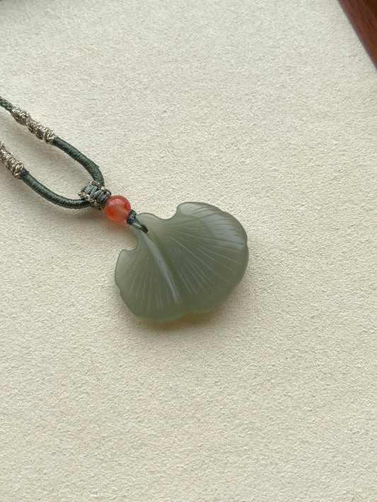 Hand Carved Green Hetian Jade Ginkgo Leaf