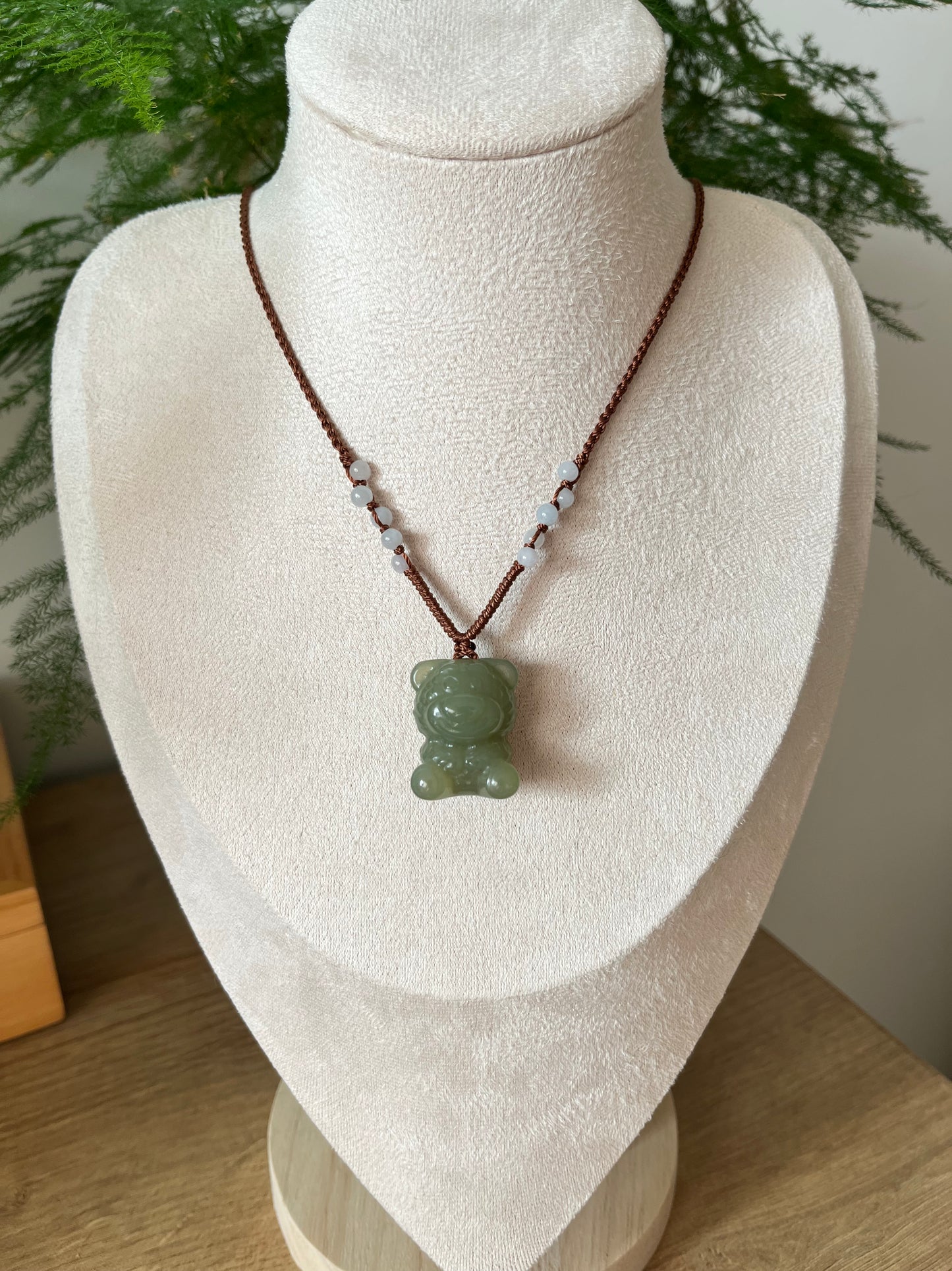 Handmade Necklace with a Carved Hetian Green Jade Bear Pendant