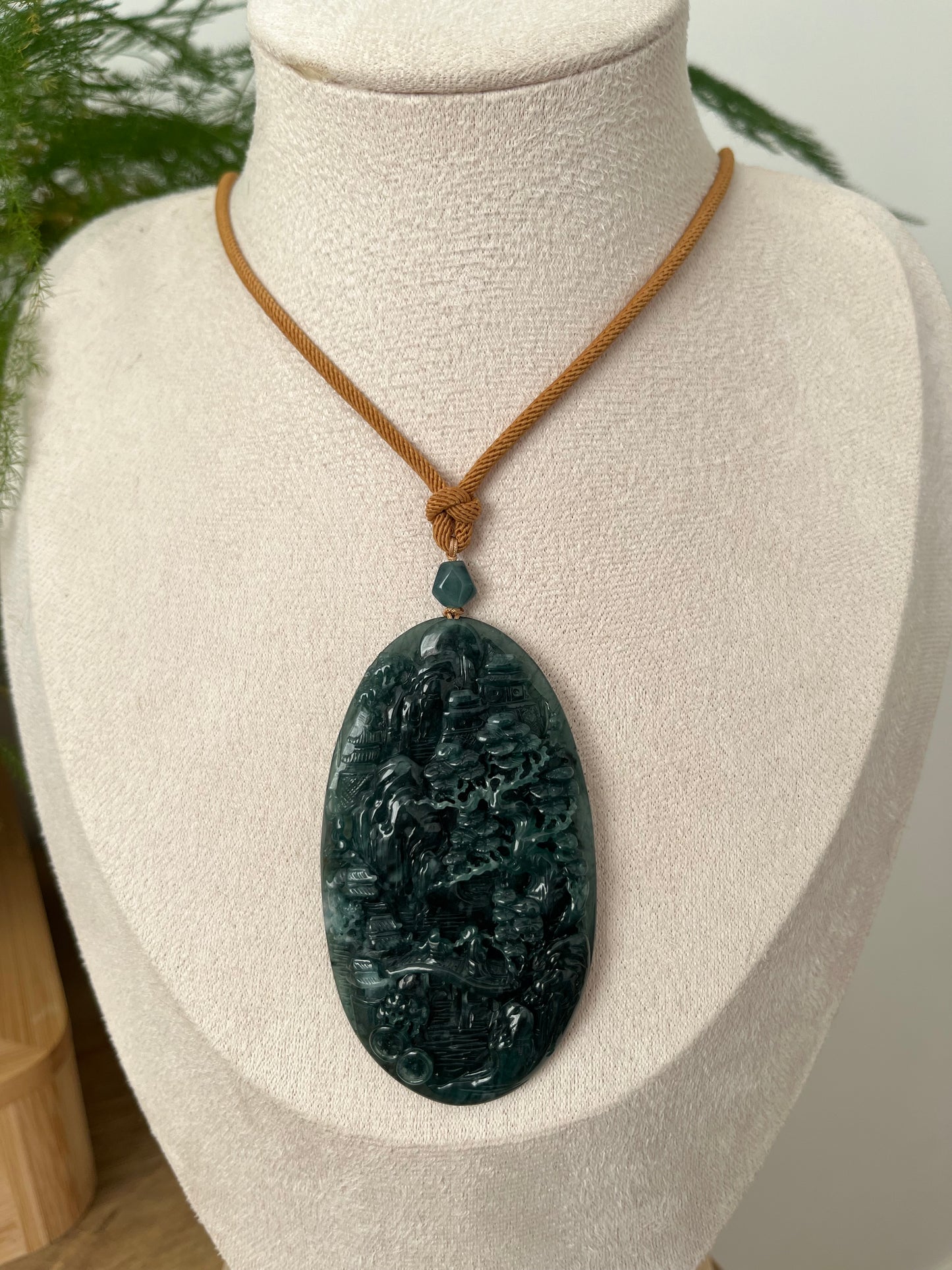 Hand Carved Blue Jadeite Landscape Pendant | 精工蓝水翡翠山水