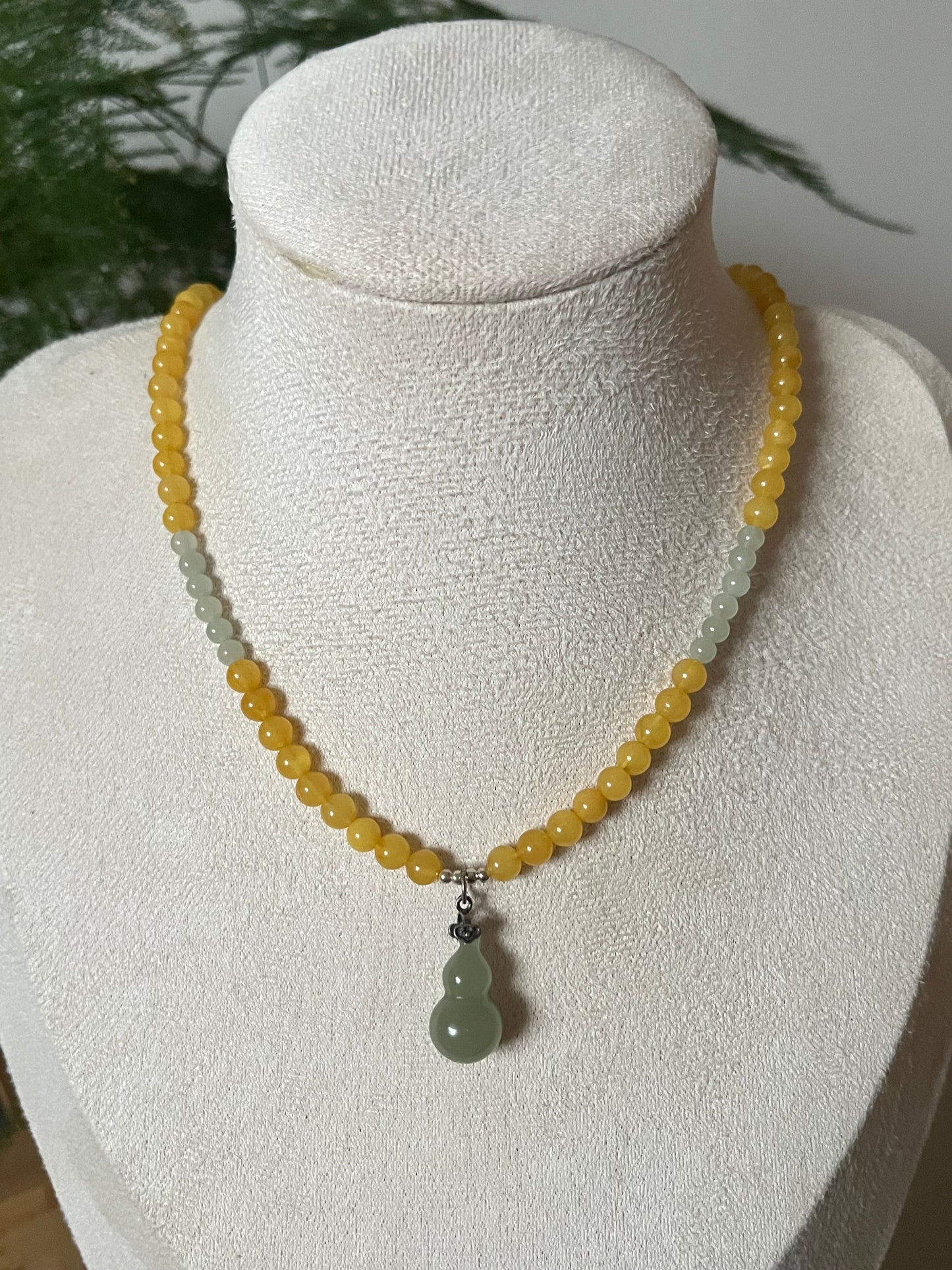 Necklace Crafted from 5mm Amber Beads and 4mm Hetian Jade Beads with a Hetian Jade Hulu Pendant