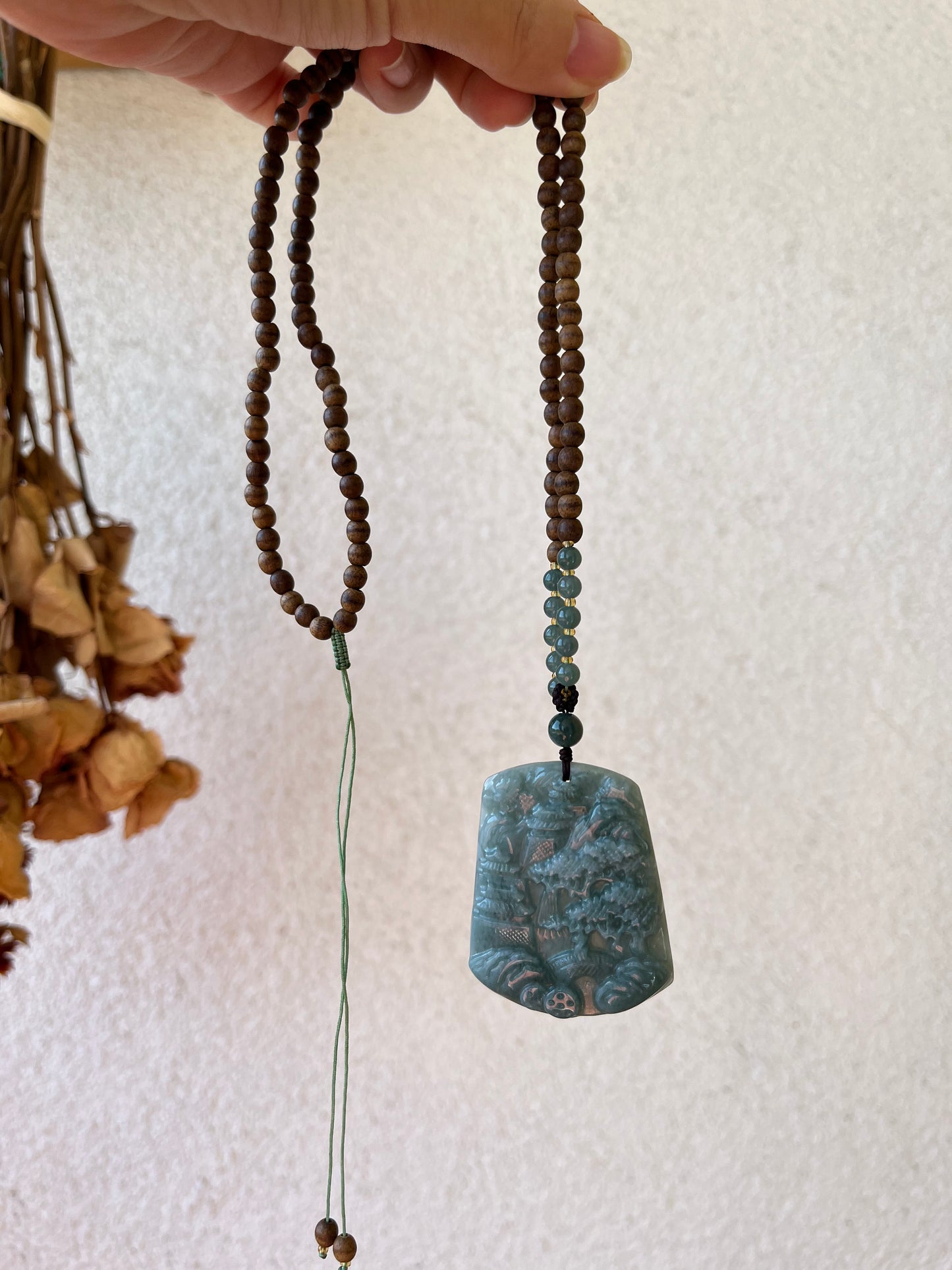 Handmade Necklace with Blue Jadeite Landscape Pendant and Agarwood Beaded (5mm) Cord
