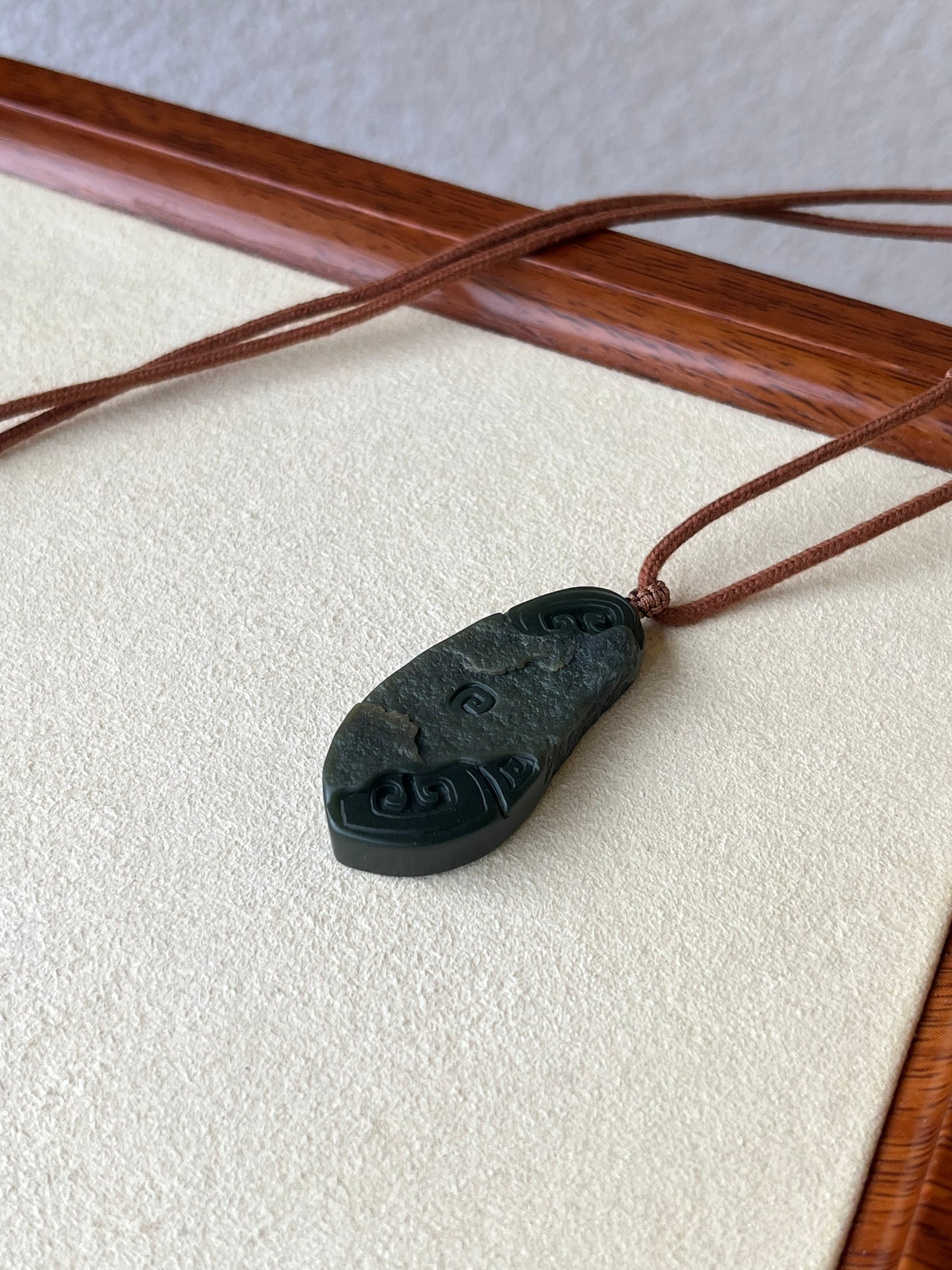 Hand Carved Ancient Style Dark Green Hetian Jade Pendant | 手雕青玉一细带皮仿古牌