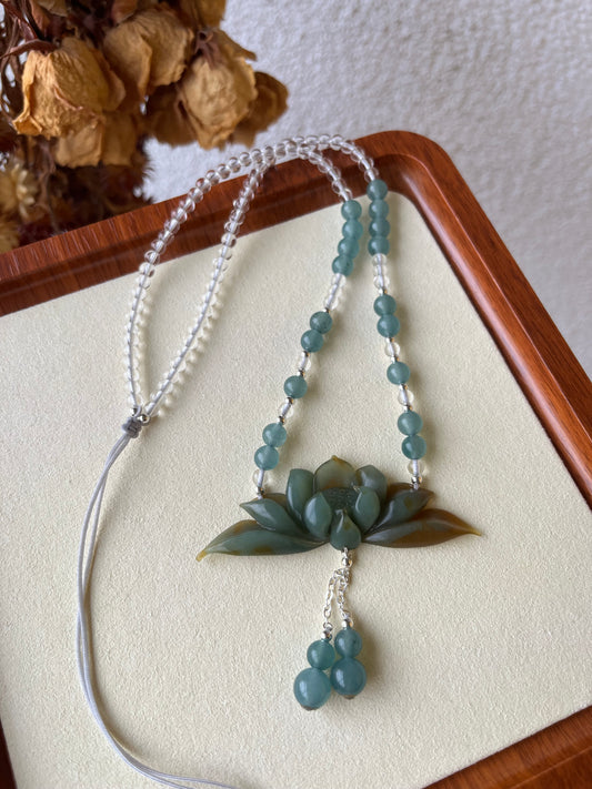 Hand Carved Blue and Brown Xiu Jade Lotus Flower