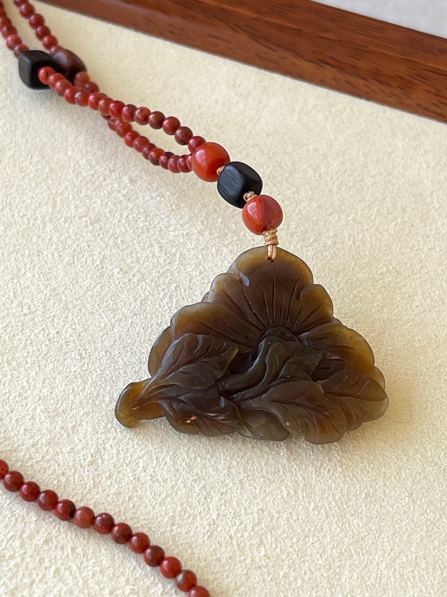 Hand Carved Brown Hetian Jade Peony Flower Pendant