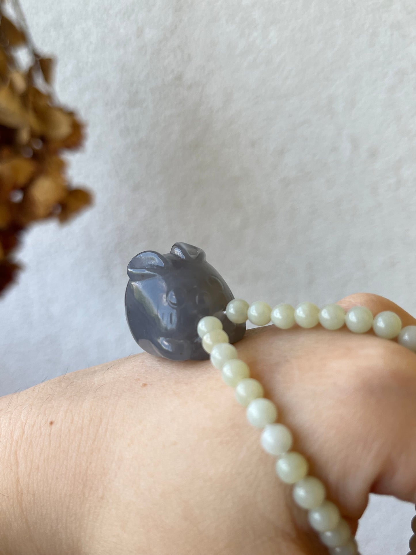 Chinese Zodiac - Handmade Necklace with a Hand Carved Purple Hetian Jade Rabbit and 5mm Hetian Jade Beaded Cord