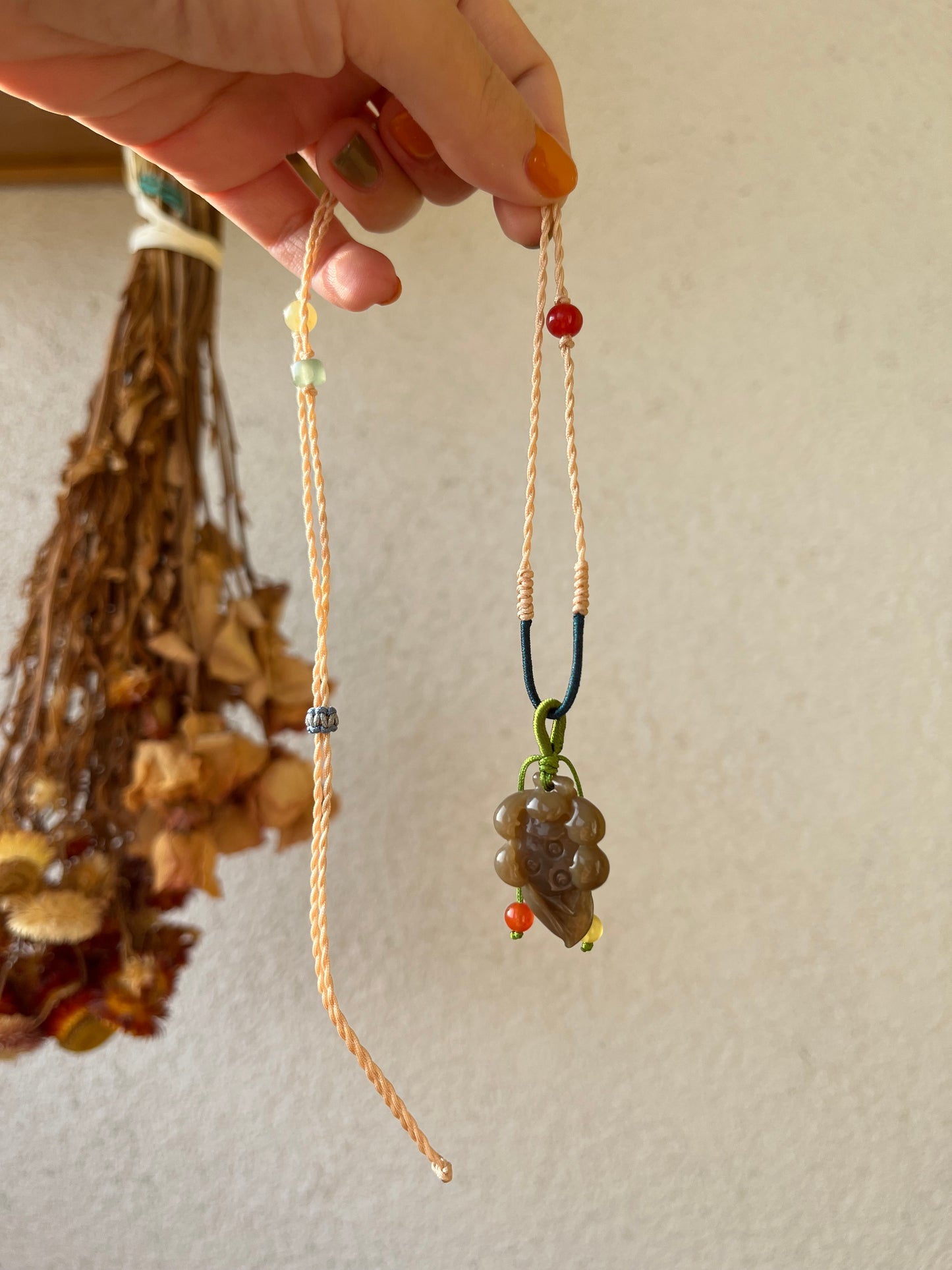 Handmade Necklace with a Hand Carved Brown Hetian Jade Lotus Flower, 手编和田玉小荷花项链