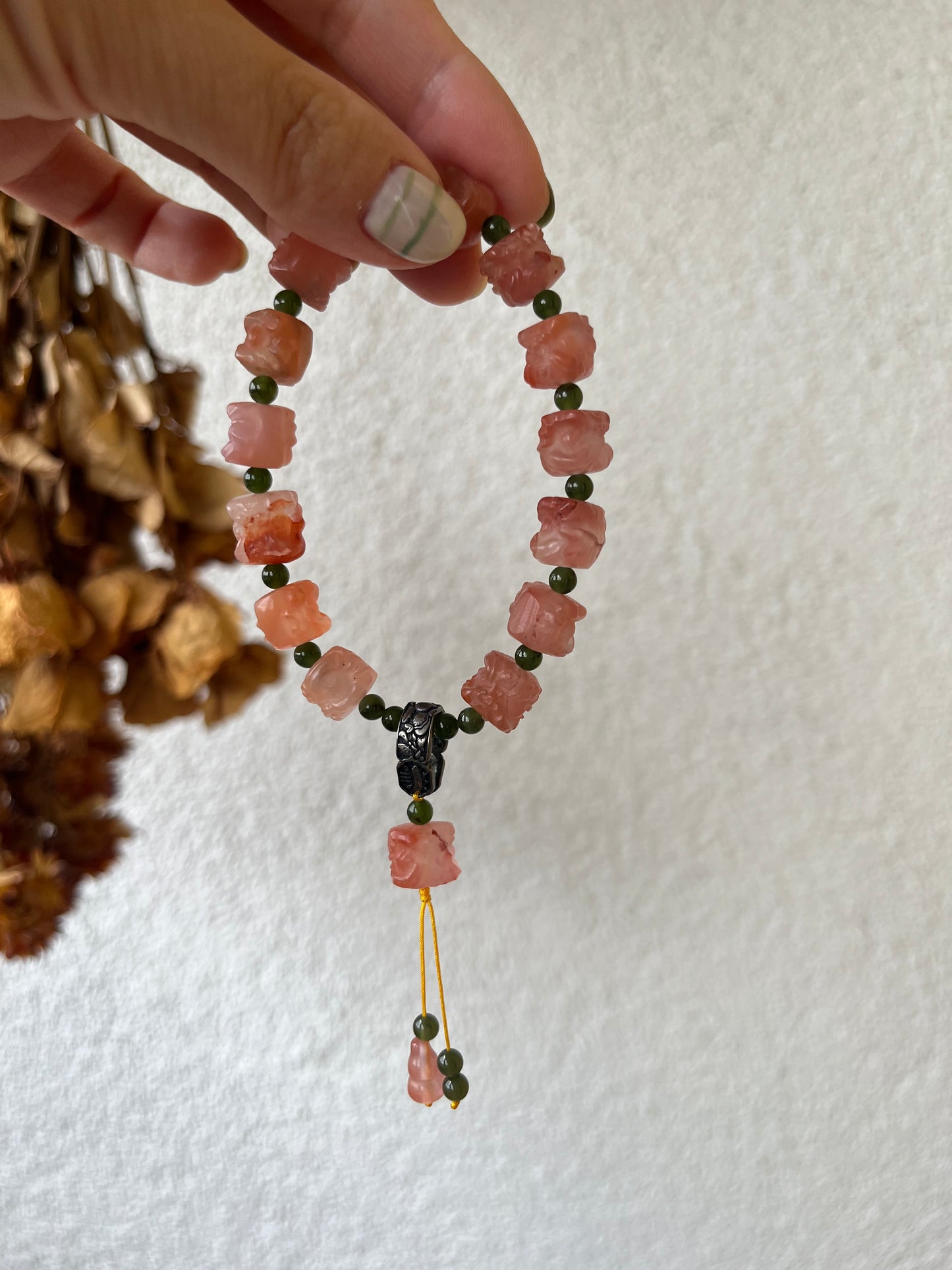 Nanhong Agate Lion Dance Head and Green Hetian Jade Beaded Braclet