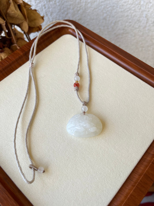 Hand Carved Hetian White Jade Peony Flower Ruyi Blessing Lock Pendant | 和田白玉牡丹如意锁