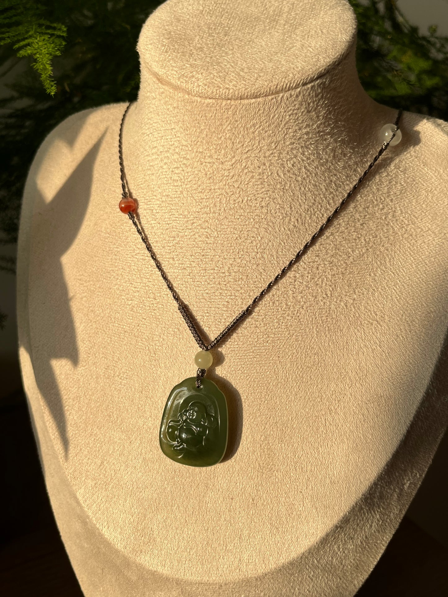 Handmade Necklace with A Hetian Green Jade Happy Buddha Pendant，和田湖水绿逍遥佛