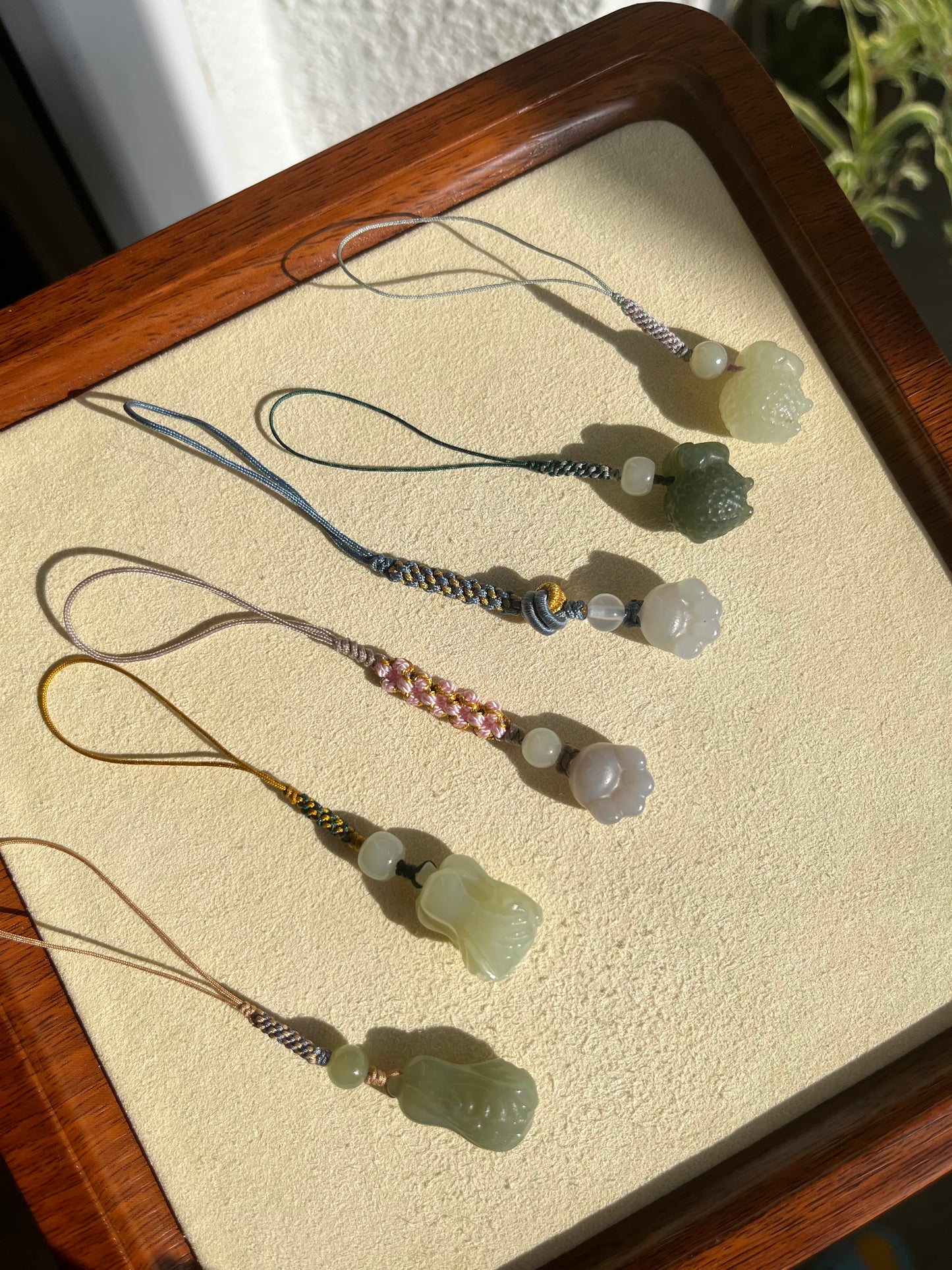 Handmade Cute Phone / Bag Charms with Carved Hetian Jade Pendants
