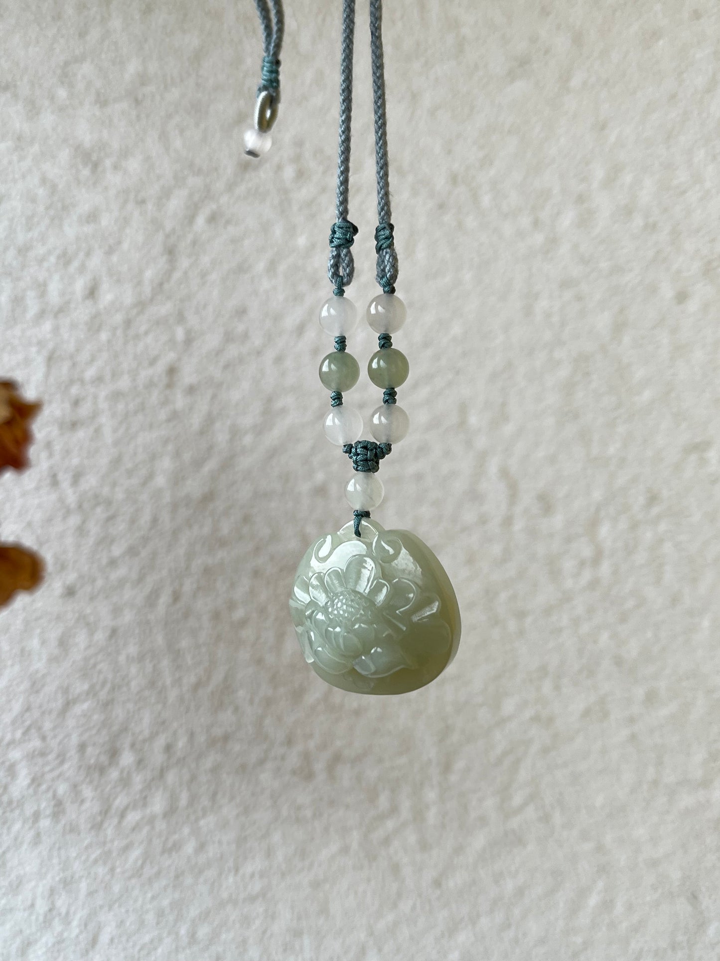 Hand Carved Hetian Jade Peony Flower Ruyi Blessing Lock Pendant, 和田且末奶蓝手雕牡丹如意锁吊坠