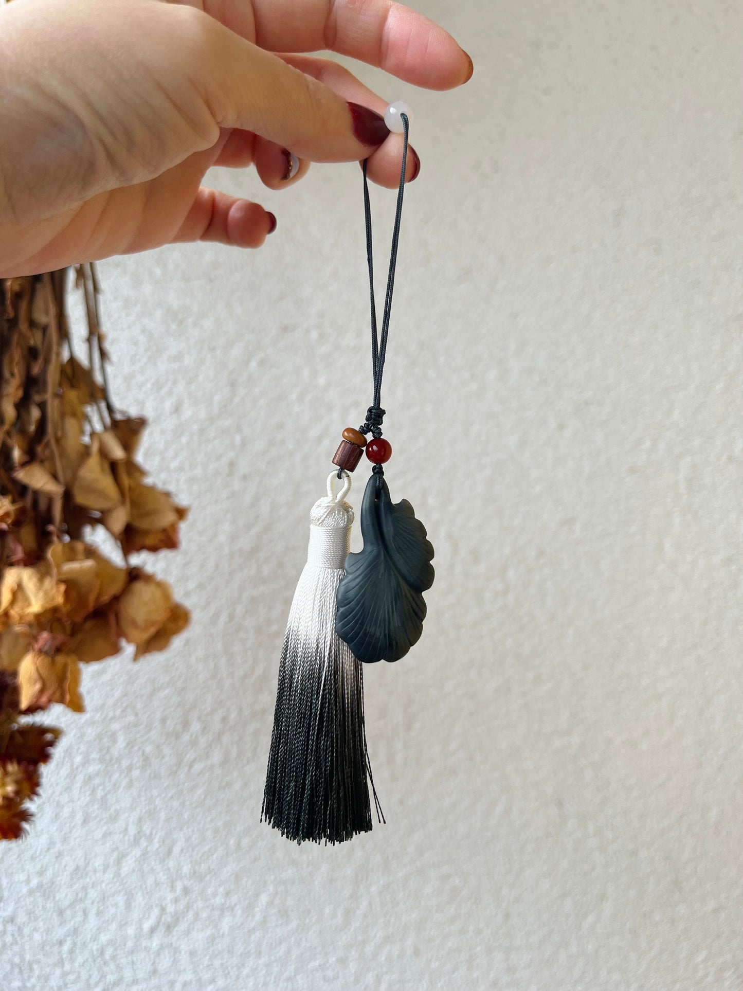 Handmade Bag Charm with a Hand Carved Hetian Qinghua Jade Ginkgo Biloba Pendant, 手雕和田青花银杏叶包挂