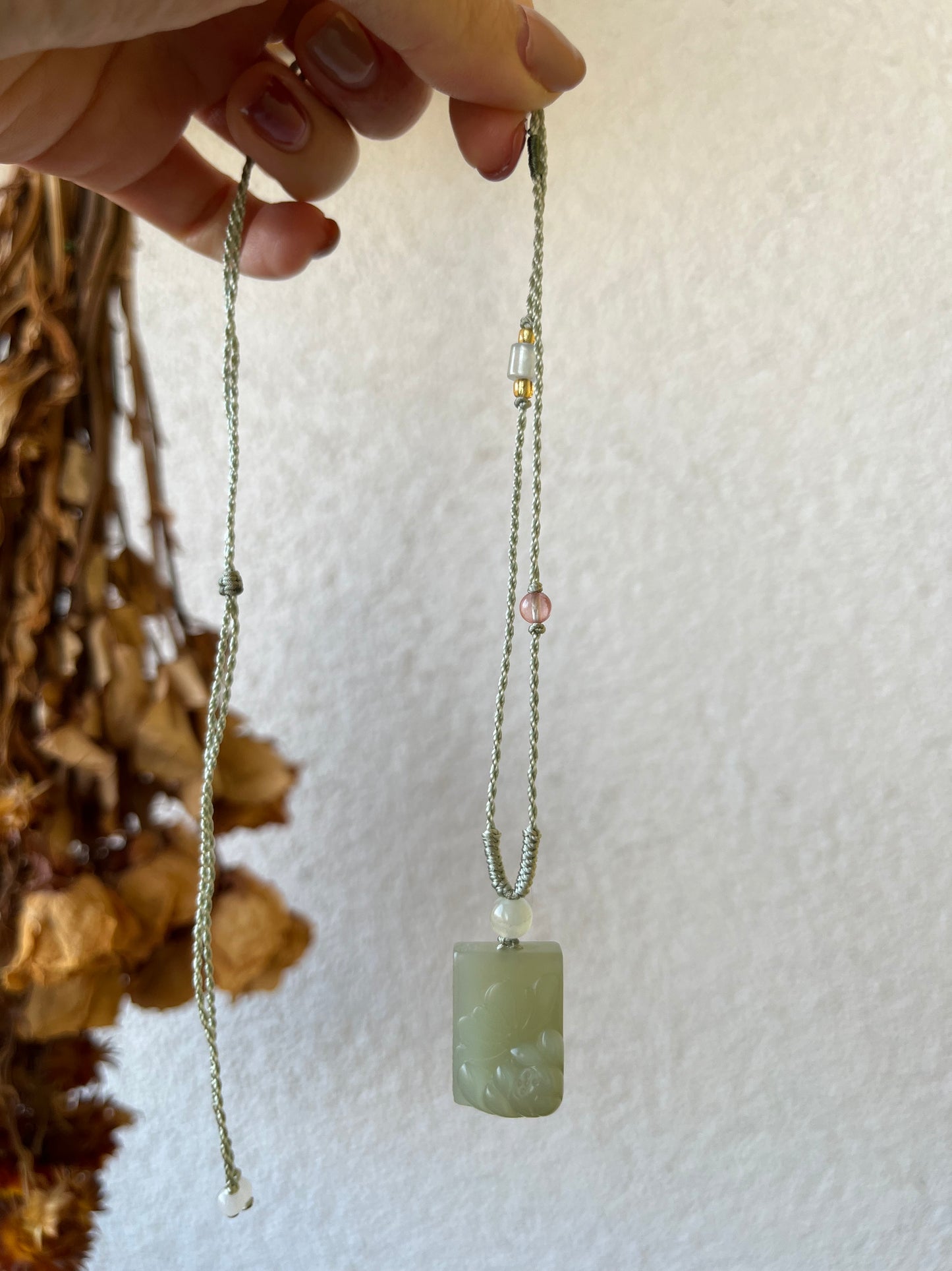 Necklace Crafted from Hand Carved Hetian Jade Lotus | 和田微带翠荷花牌