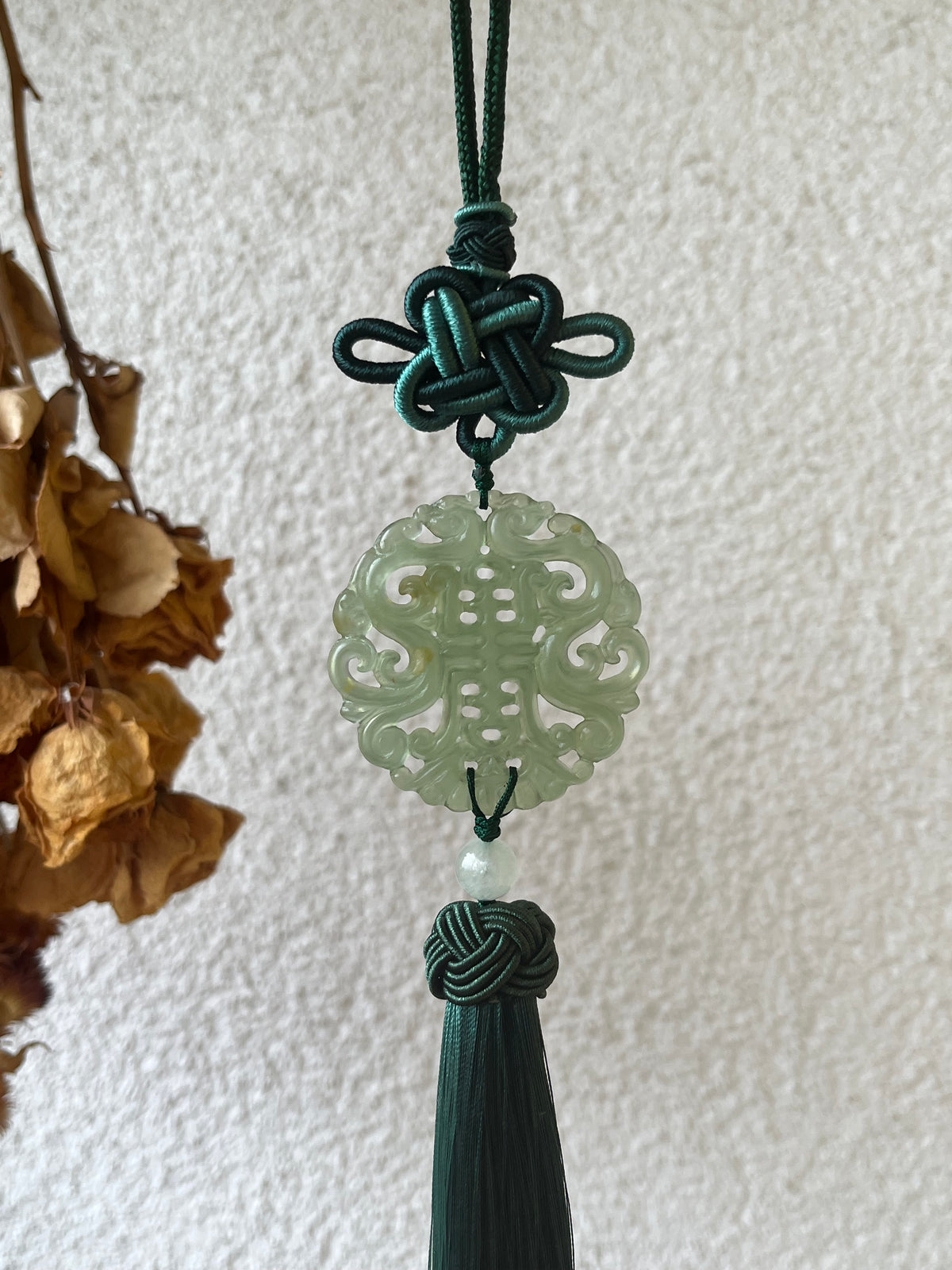 Xiu Jade Dragon and Phoenix Auspicious Pendant Car Hanging