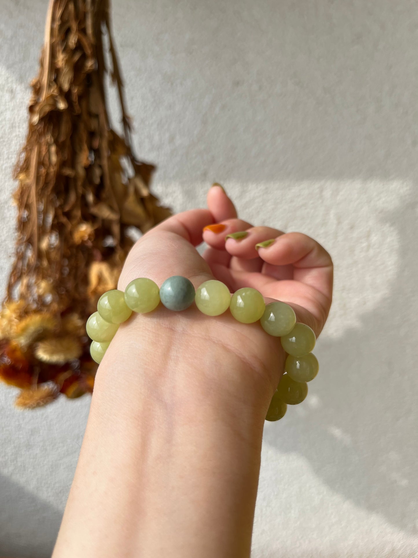 Yellow Hetian Jade Bracelet 10mm | 和田黄口带蓝皮珠手串