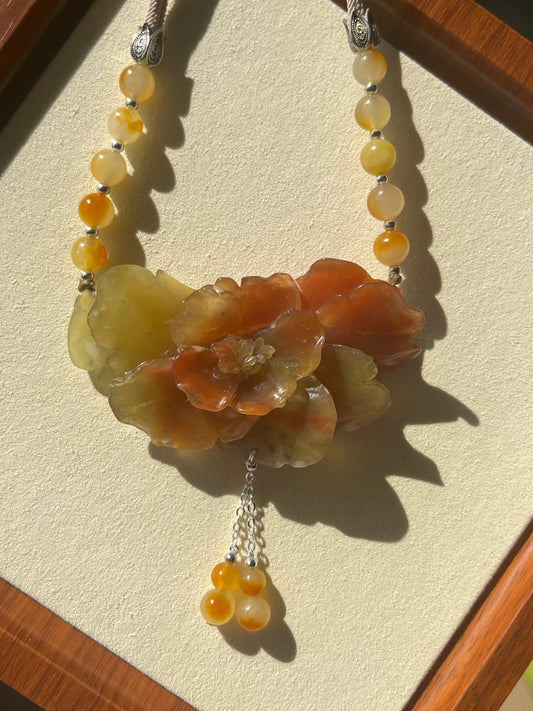 Hand Carved Xiu Jade Peony Pendant