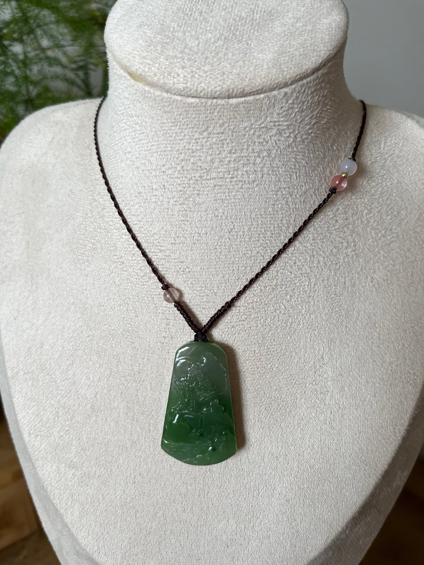 Hand Carved Green Hetian Jade Landscape Pendant | 手雕和田碧玉山水牌