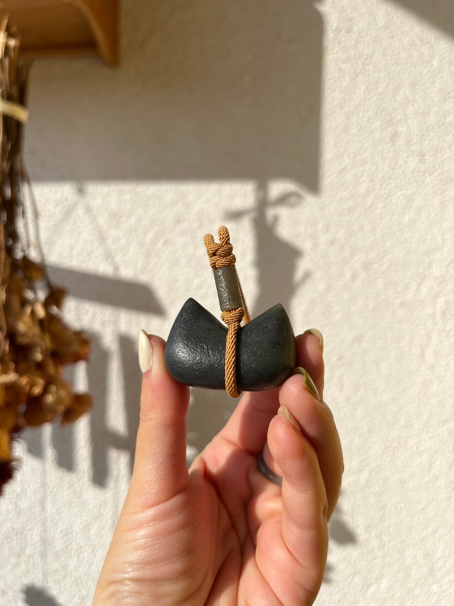 Hand Carved Gray Hetian Jade Cat Ear Pendant, 和田青花古风猫耳