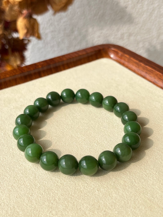 Green Hetian Jade Beaded Bracelet 10mm | 和田碧玉粉绿手串