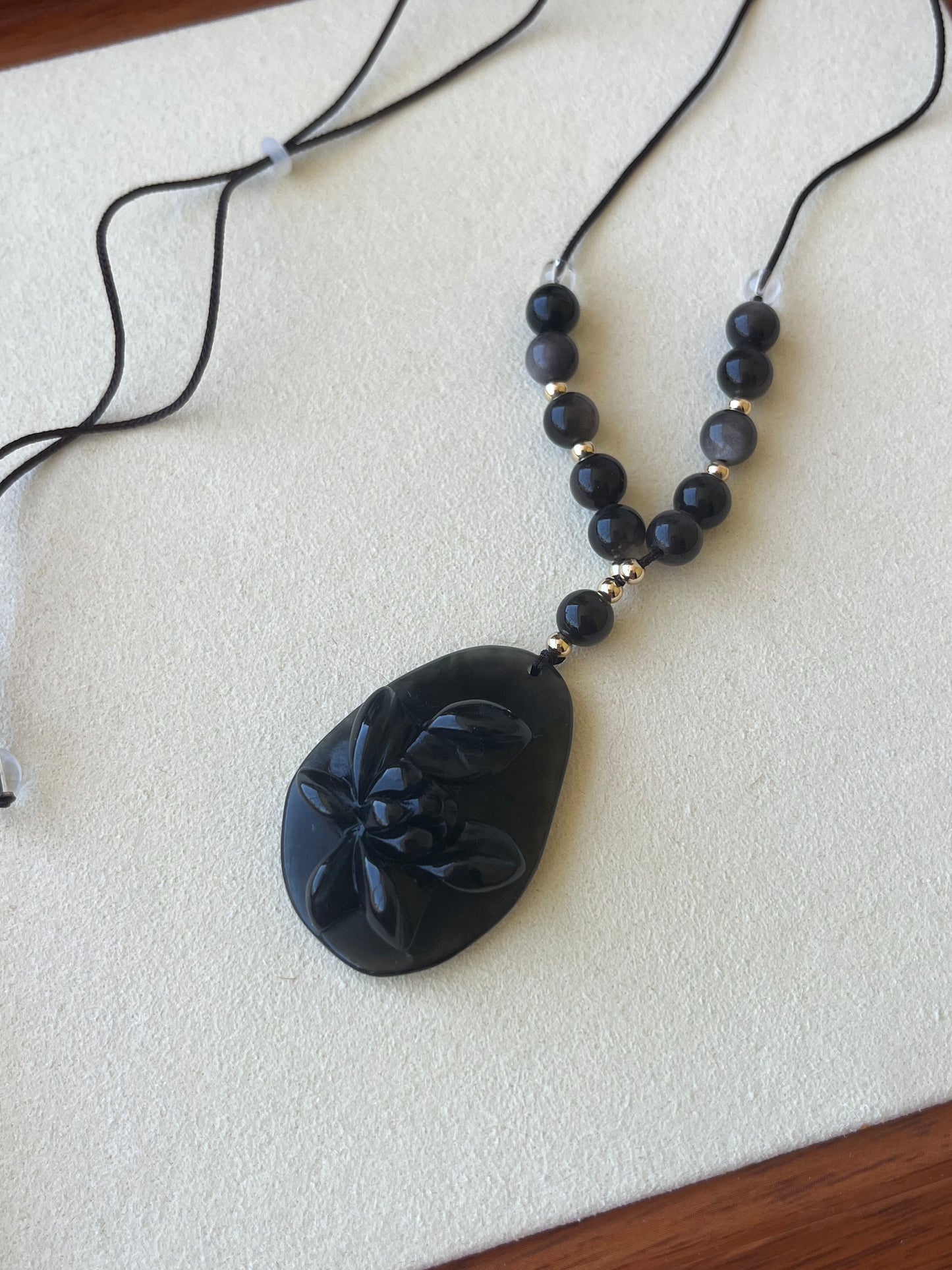 Hand Carved Black Xiu Jade Lotus Necklace