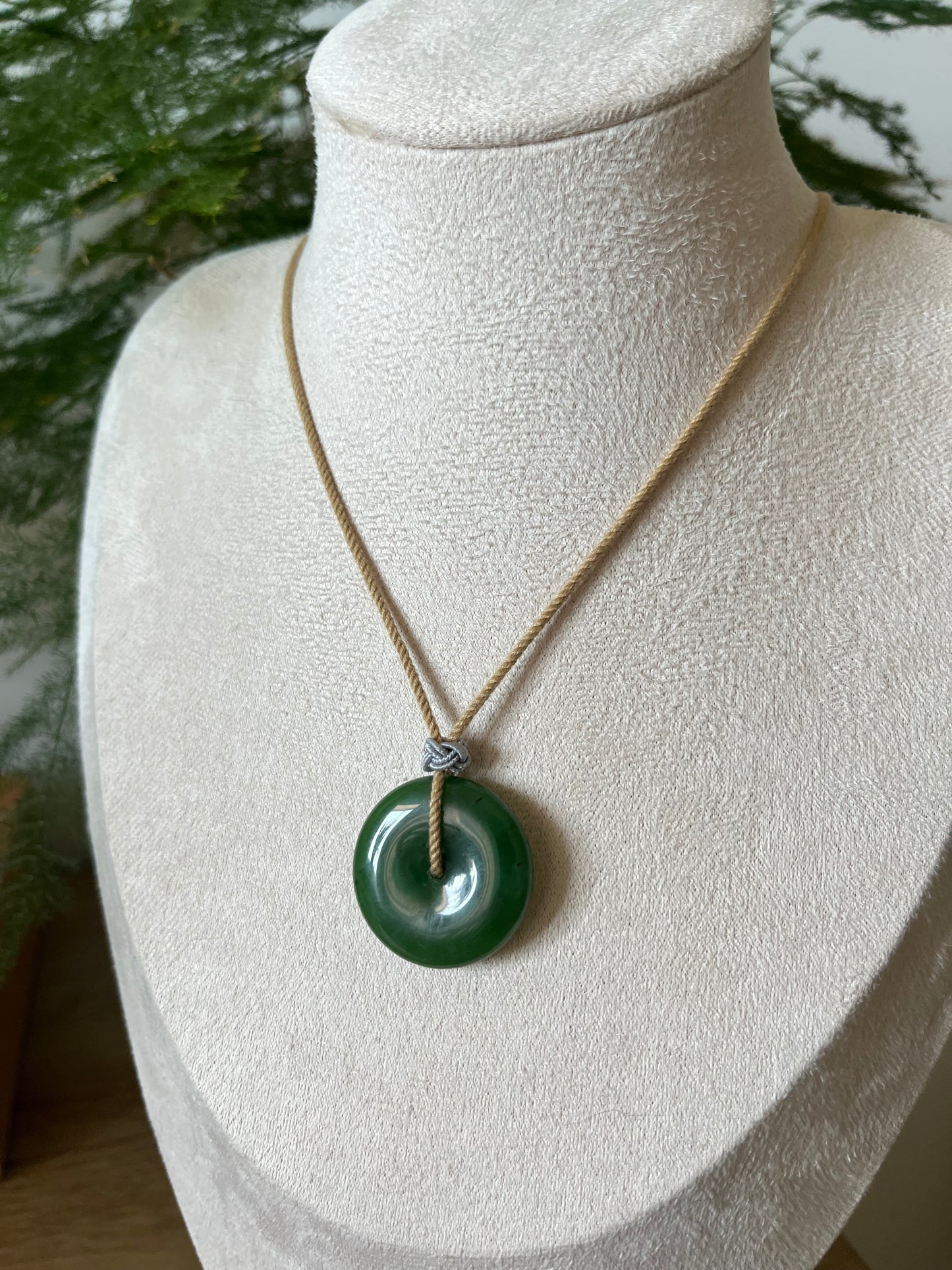 Green Hetian Jade Peace Buckle (Ping An Kou) Necklace, 碧玉平安扣