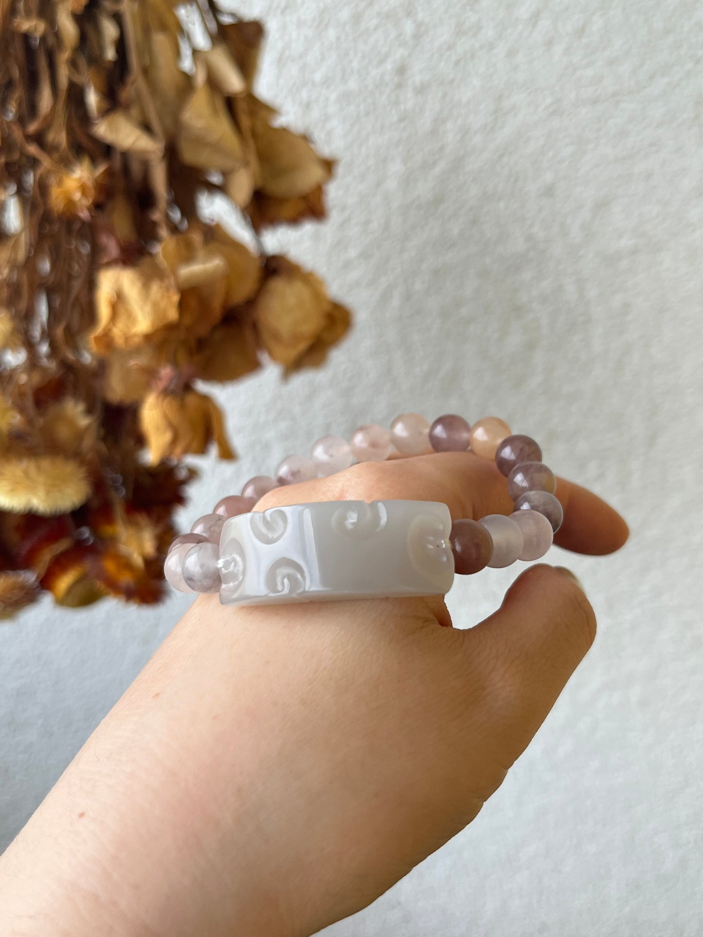 Bracelet Crafted from a Hand Carved Ruyi Pattern Purple Hetian Jade Pendant | 和田冰胶烟紫手牌