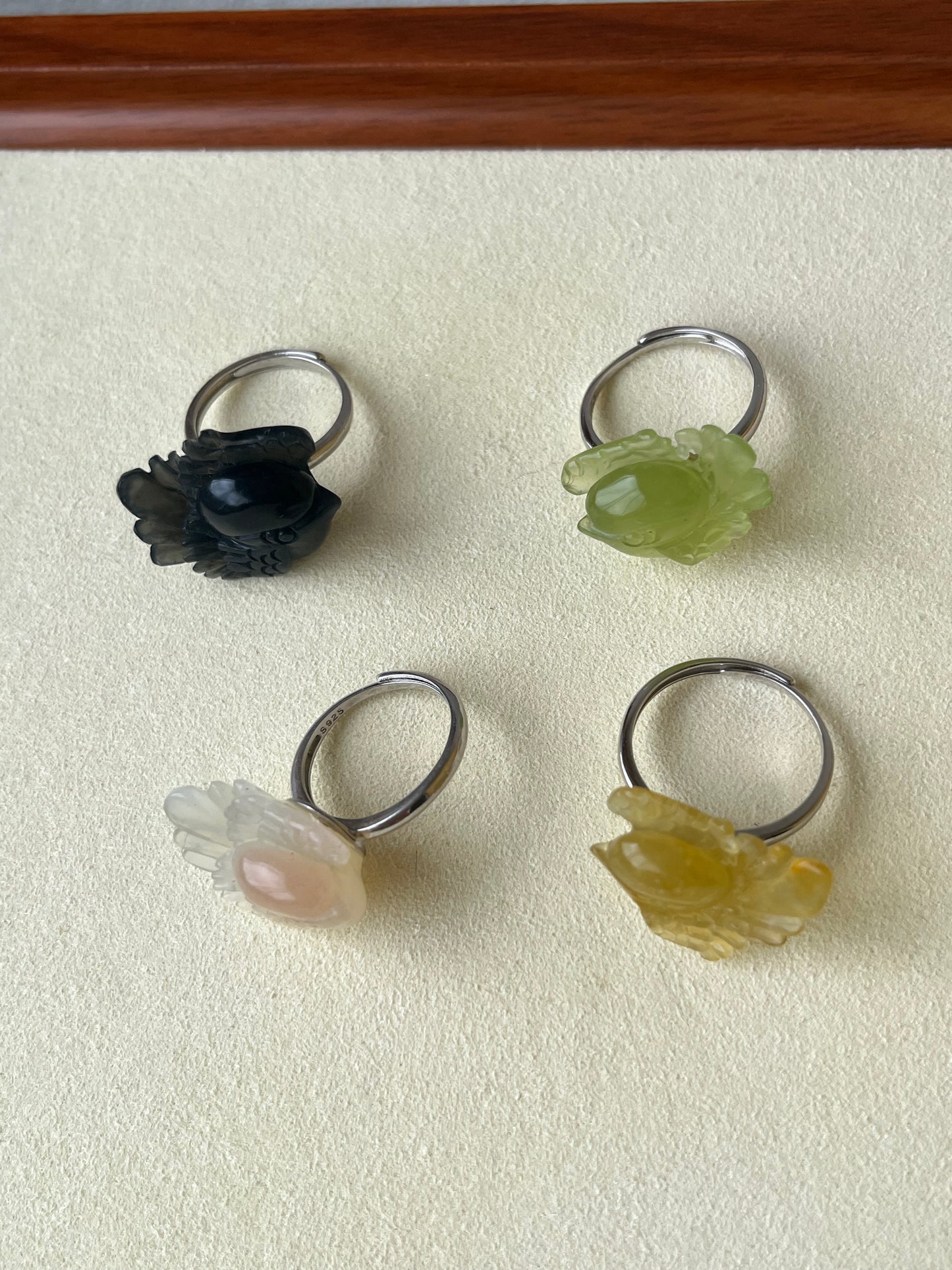 Hand Carved Xiu Jade Magpie Rings