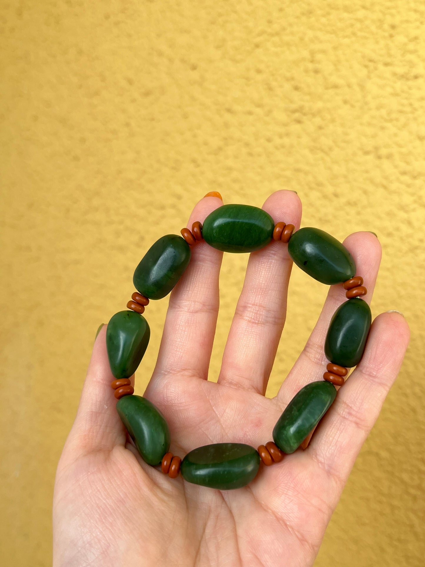 Green Hetian Jade Bracelet with Big Irregular Shaped Beads, 碧玉随形大珠子手串