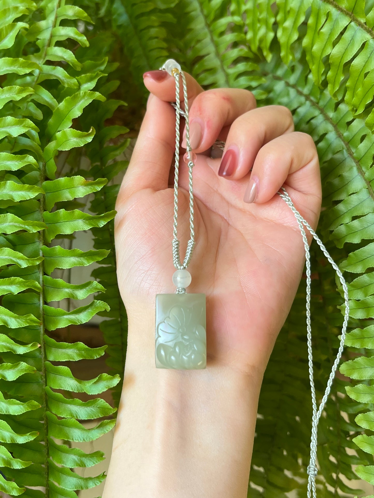 Necklace Crafted from Hand Carved Hetian Jade Lotus | 和田微带翠荷花牌