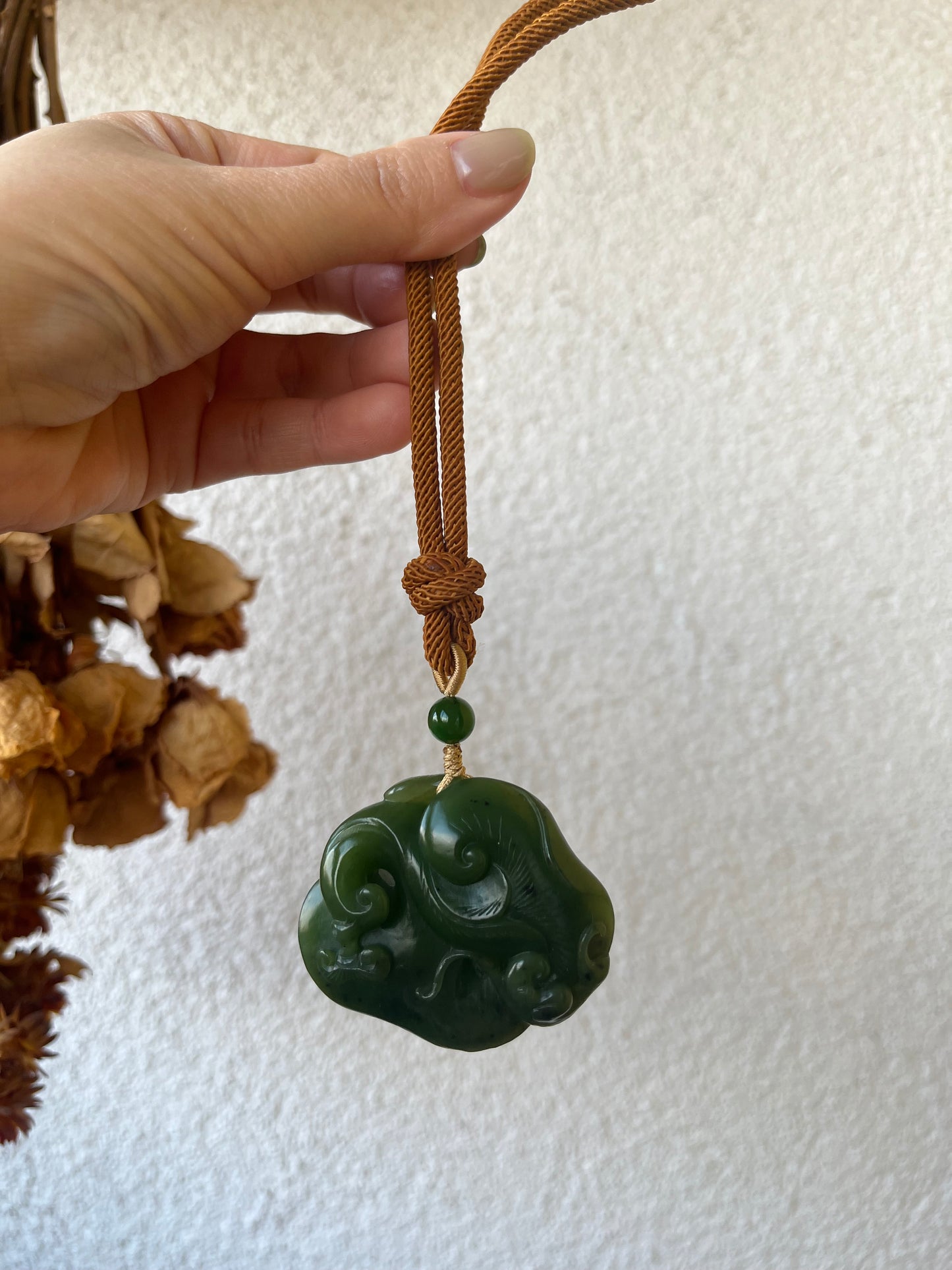 Hand Carved Green Hetian Jade Monkey with Linzhi Ruyi