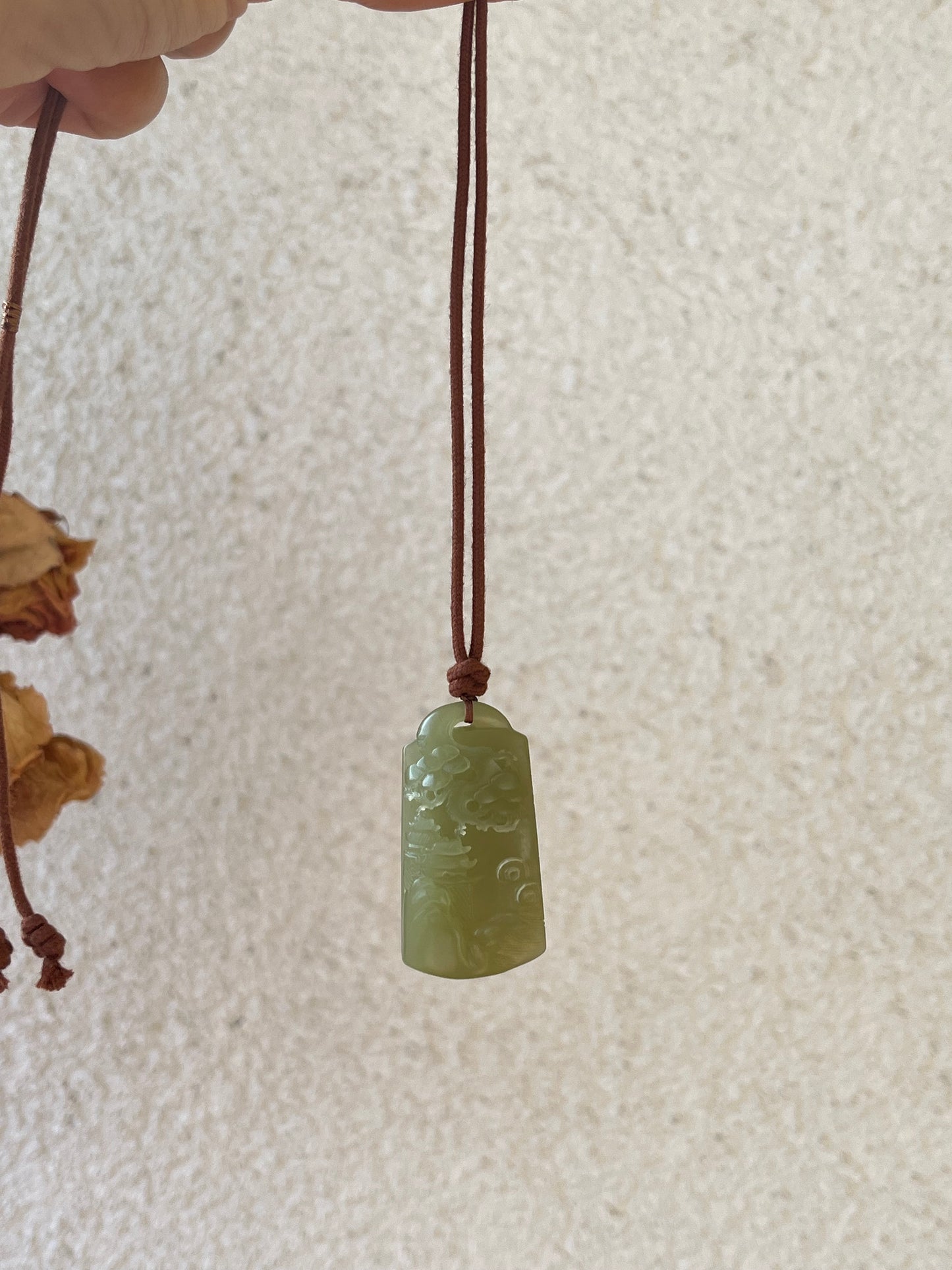 Hand Carved Greenish Yellow Hetian Jade Landscape Pendant, 手雕青黄口山水