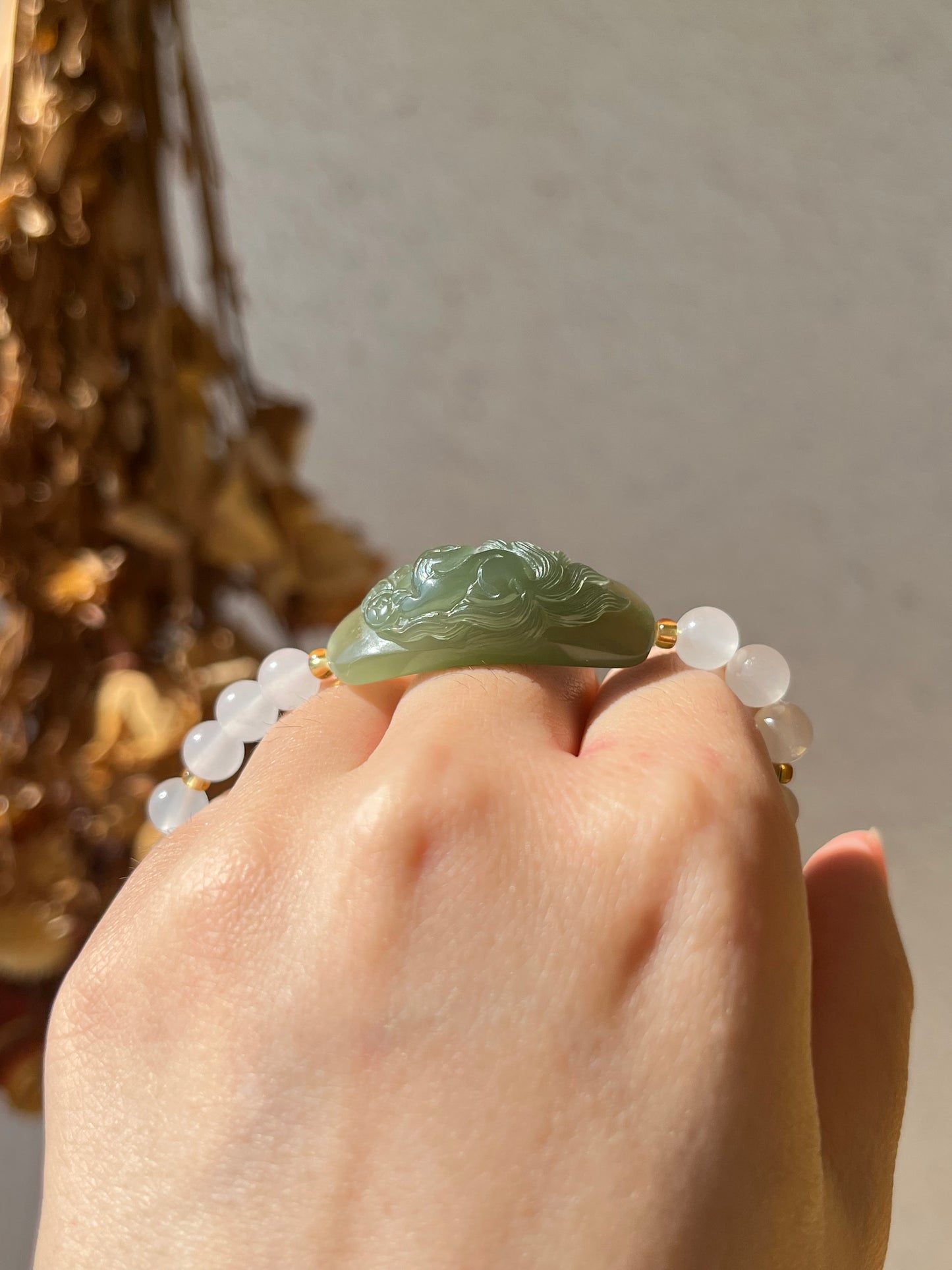 Handmade Bracelet with a Hand Carved Green Hetian Jade Nine Tailed Fox Pendant