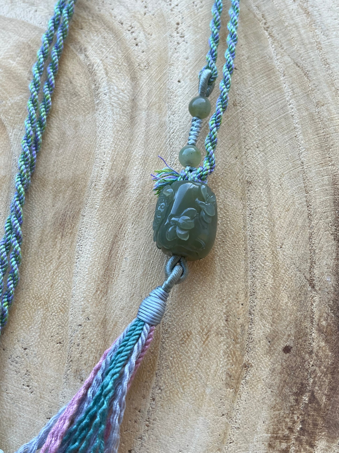 Designed Necklace with a Hand Carved Hetian Green Jade Lotus and Bird Bead, 和田手雕碧玉鸟戏荷花桶珠