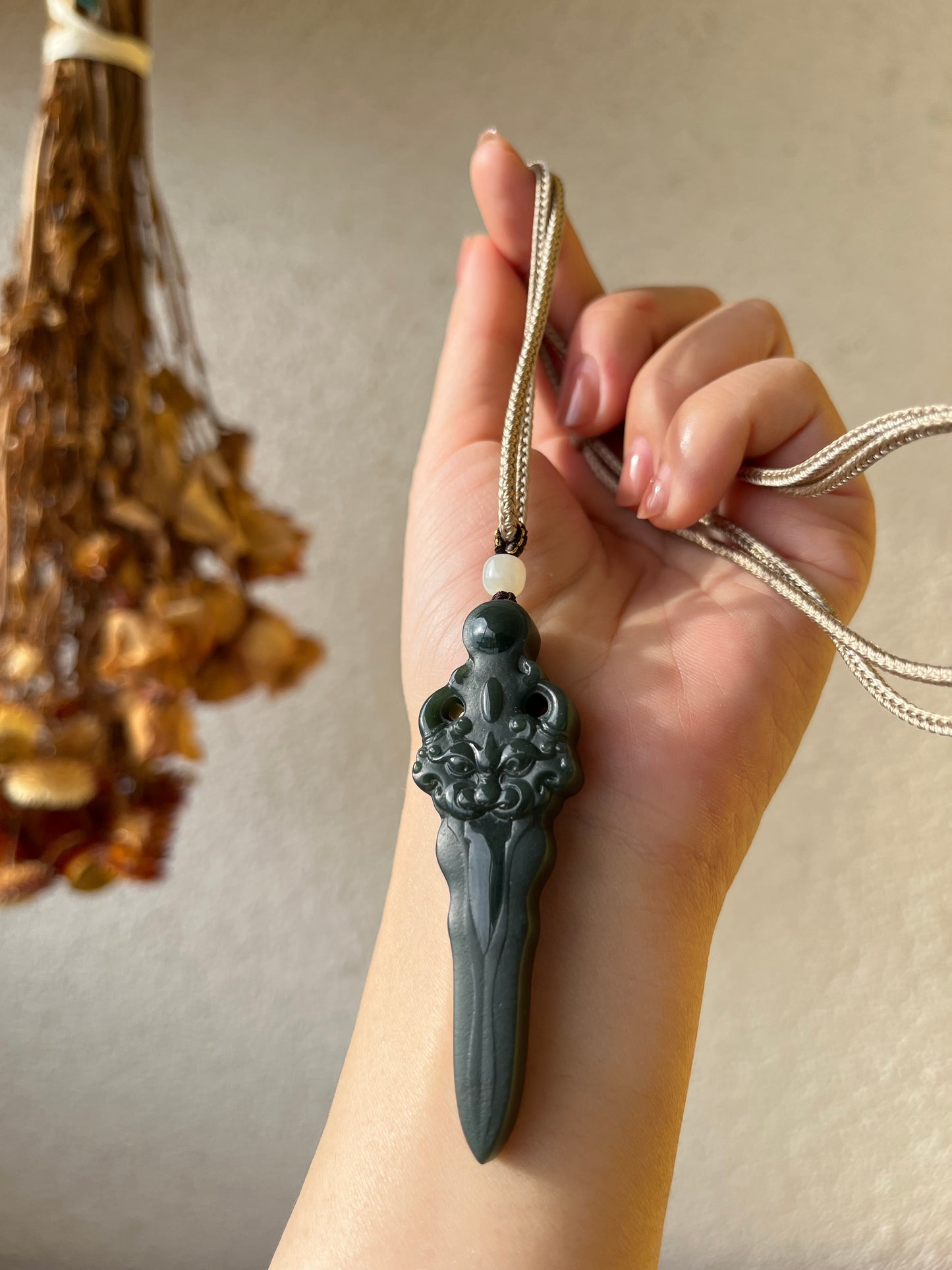 Carved Dark Cyan Hetian Jade Pixiu Sword Pendant, 青玉细料貔貅剑