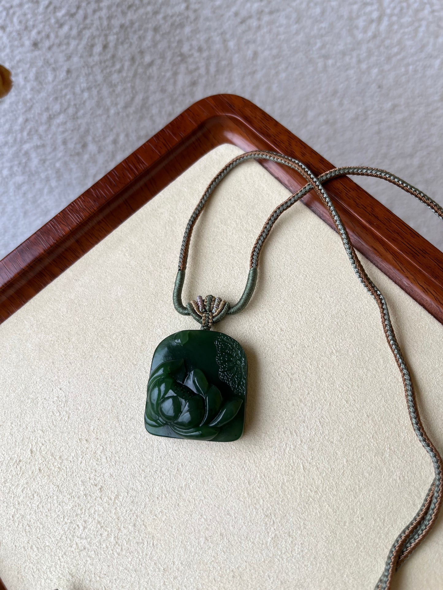 Hand Carved Green Hetian Jade Lotus Pendant | 和田老矿碧玉荷花牌
