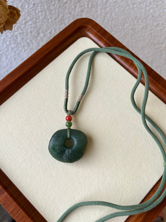 Ancient-style Green Hetian Jade Peace Buckle (Ping An Kou)
