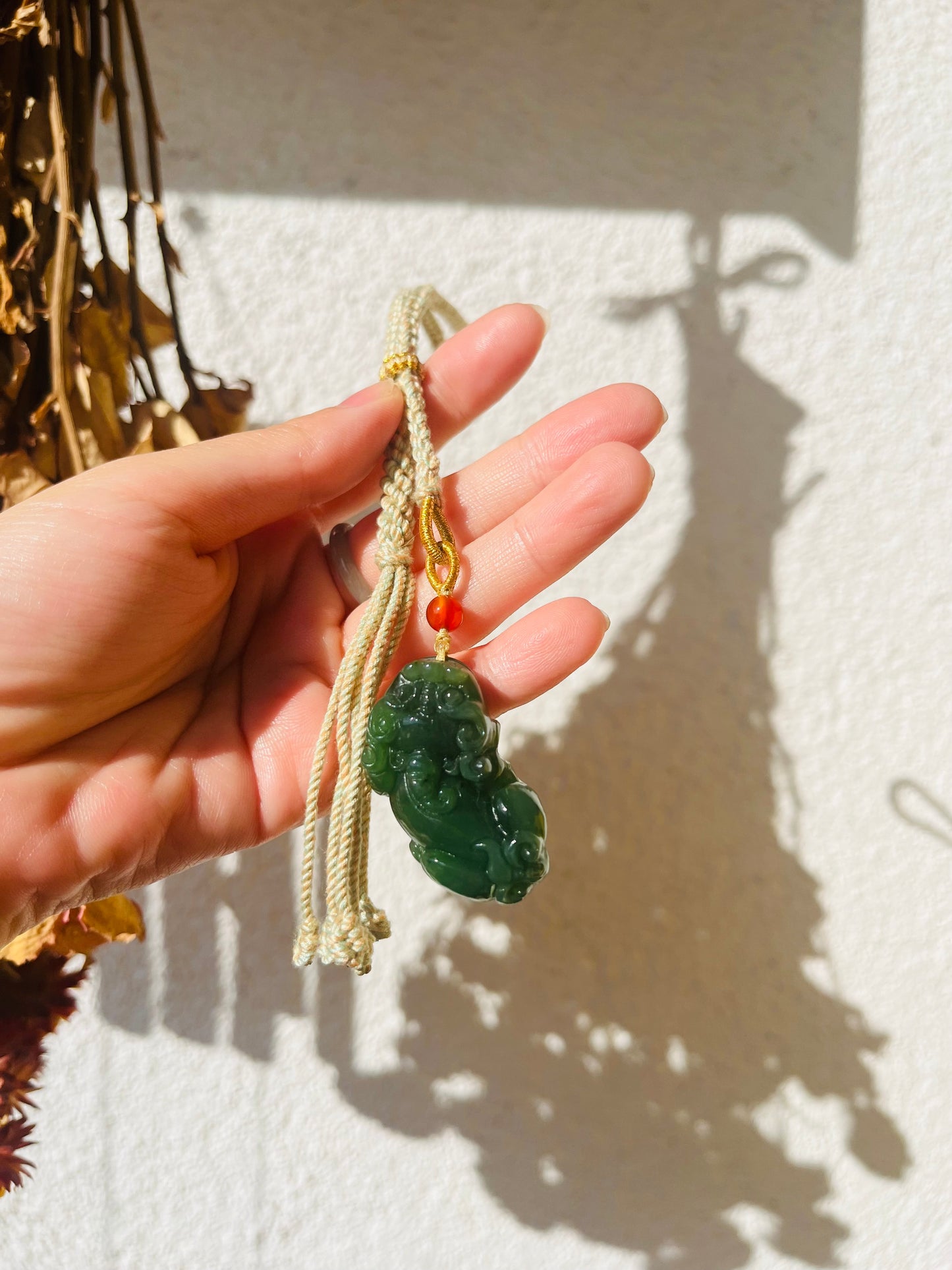 Handmade Bag Charm with a Carved Hetian Green Jade Pixiu, 碧玉貔貅包挂