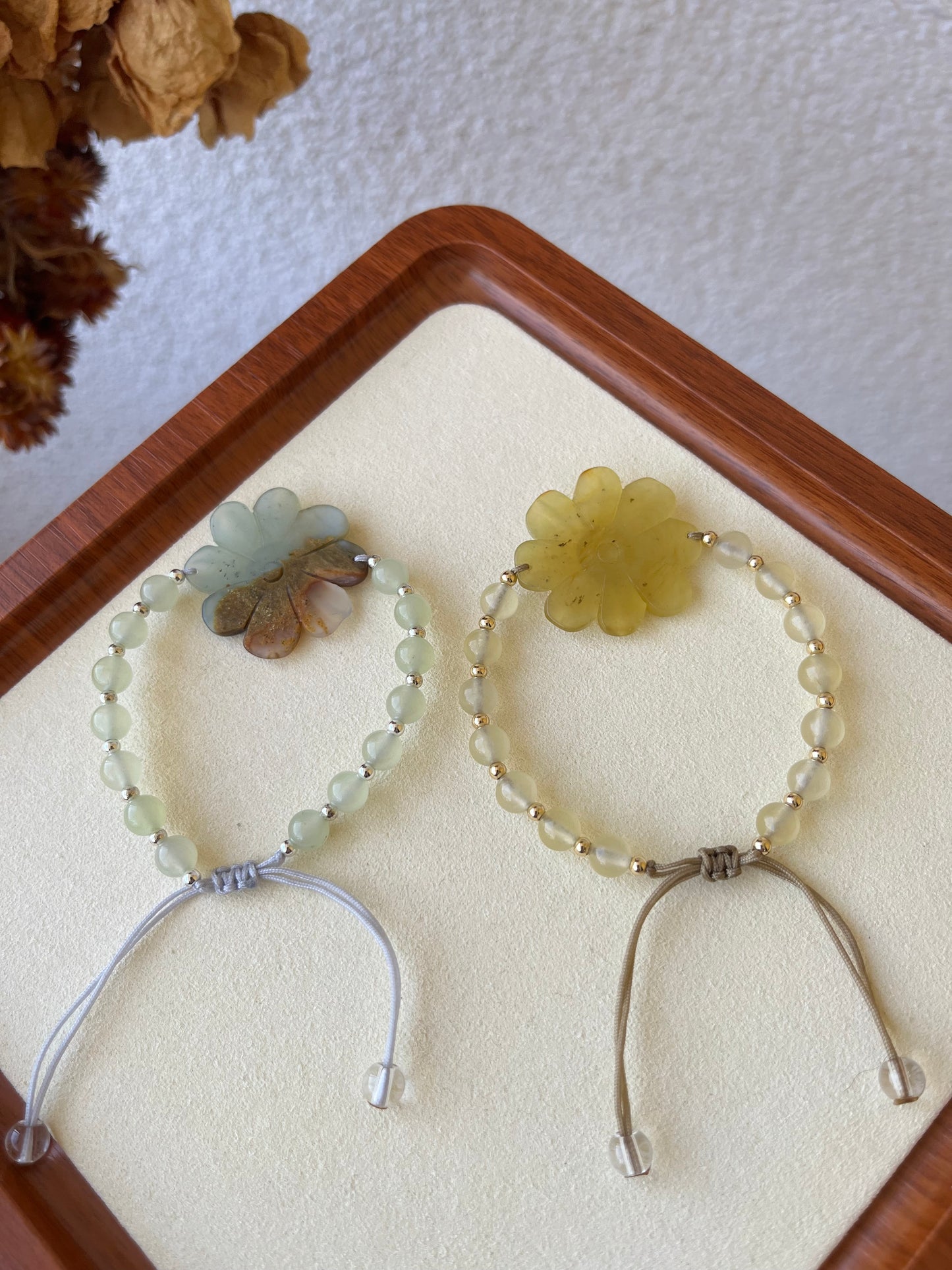 Bracelet Crafted from Hand Carved Xiu Jade Daisy