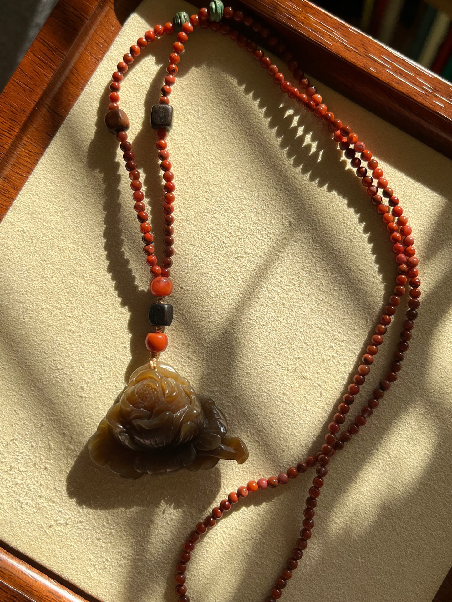 Hand Carved Brown Hetian Jade Peony Flower Pendant