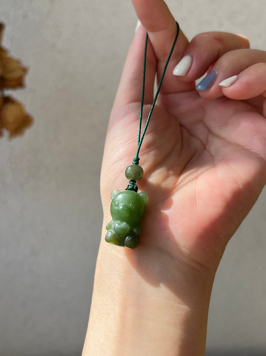 Green Hetian Jade Bear Phone Charm