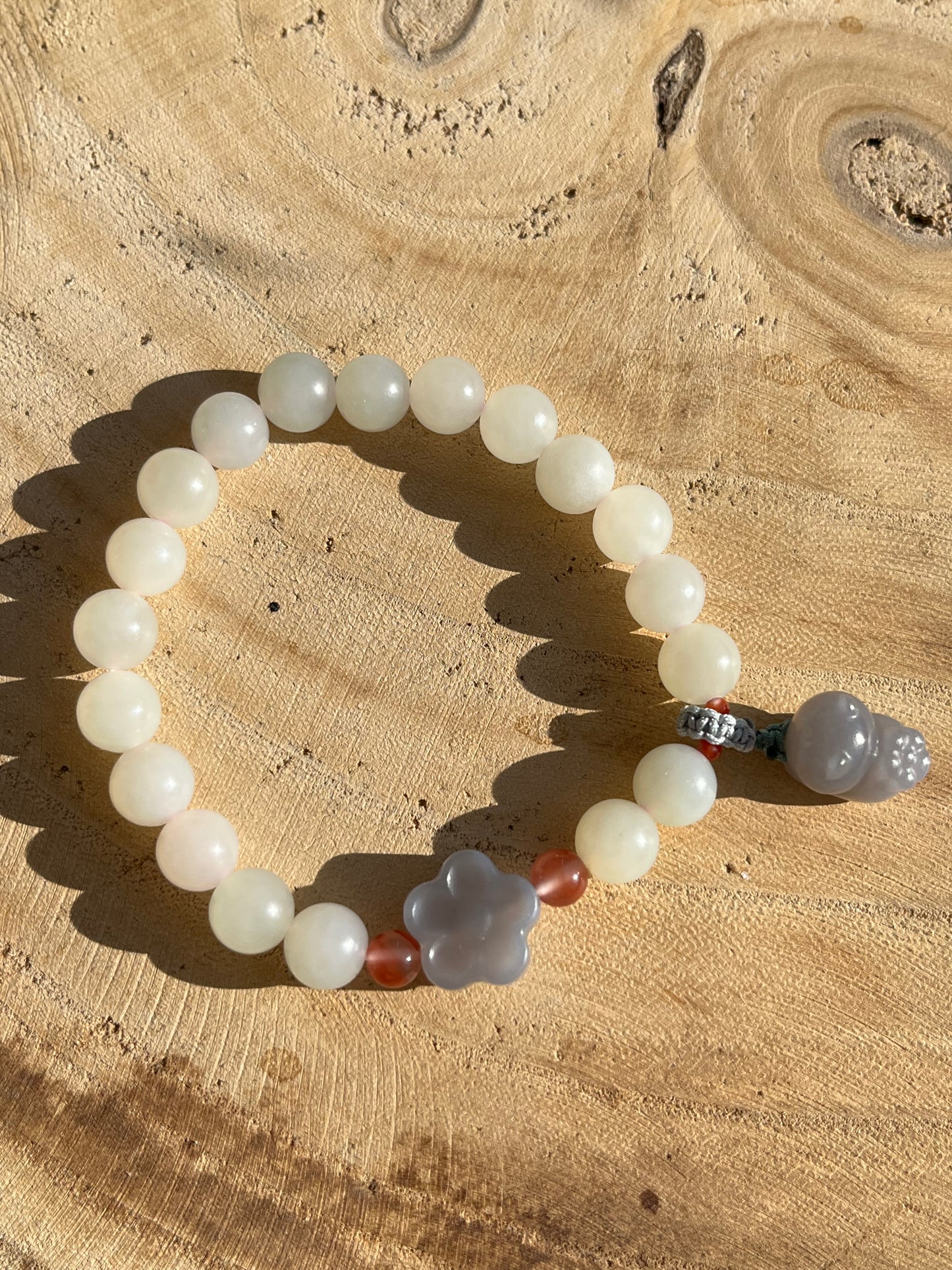 White Hetian Jade Bracelet with 8mm Bead and a Hand Carved Purple Jade Cat