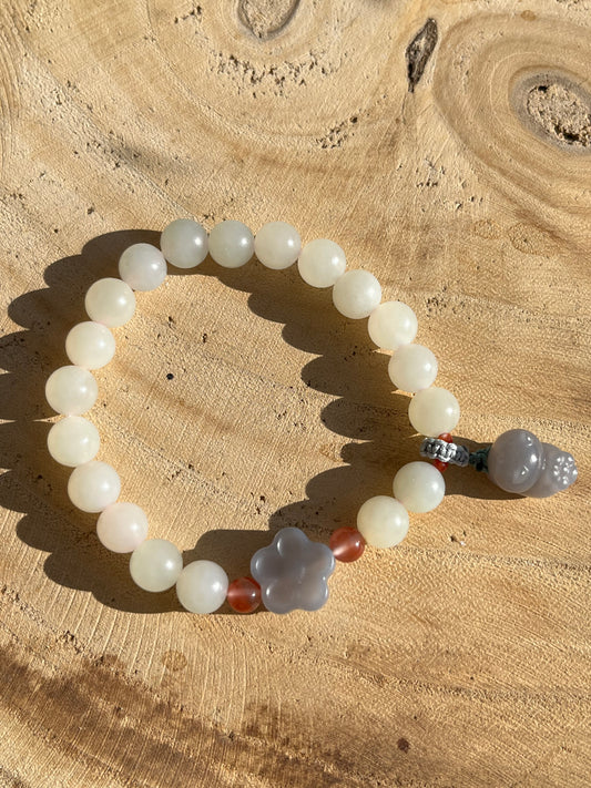 White Hetian Jade Bracelet with 8mm Bead and a Hand Carved Purple Jade Cat