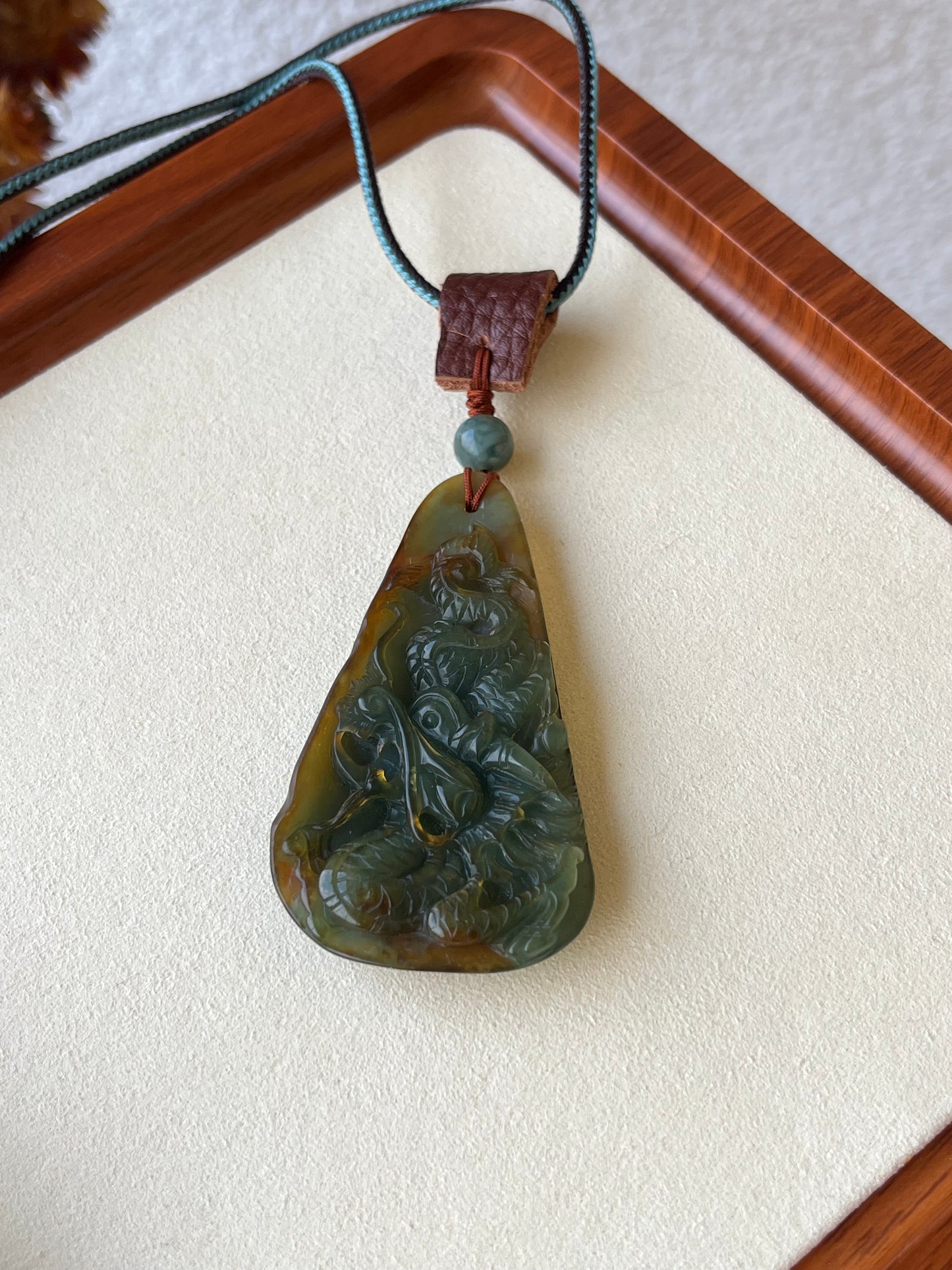 Blue and Brown Xiu Jade Dragon Necklace | 岫玉龙牌