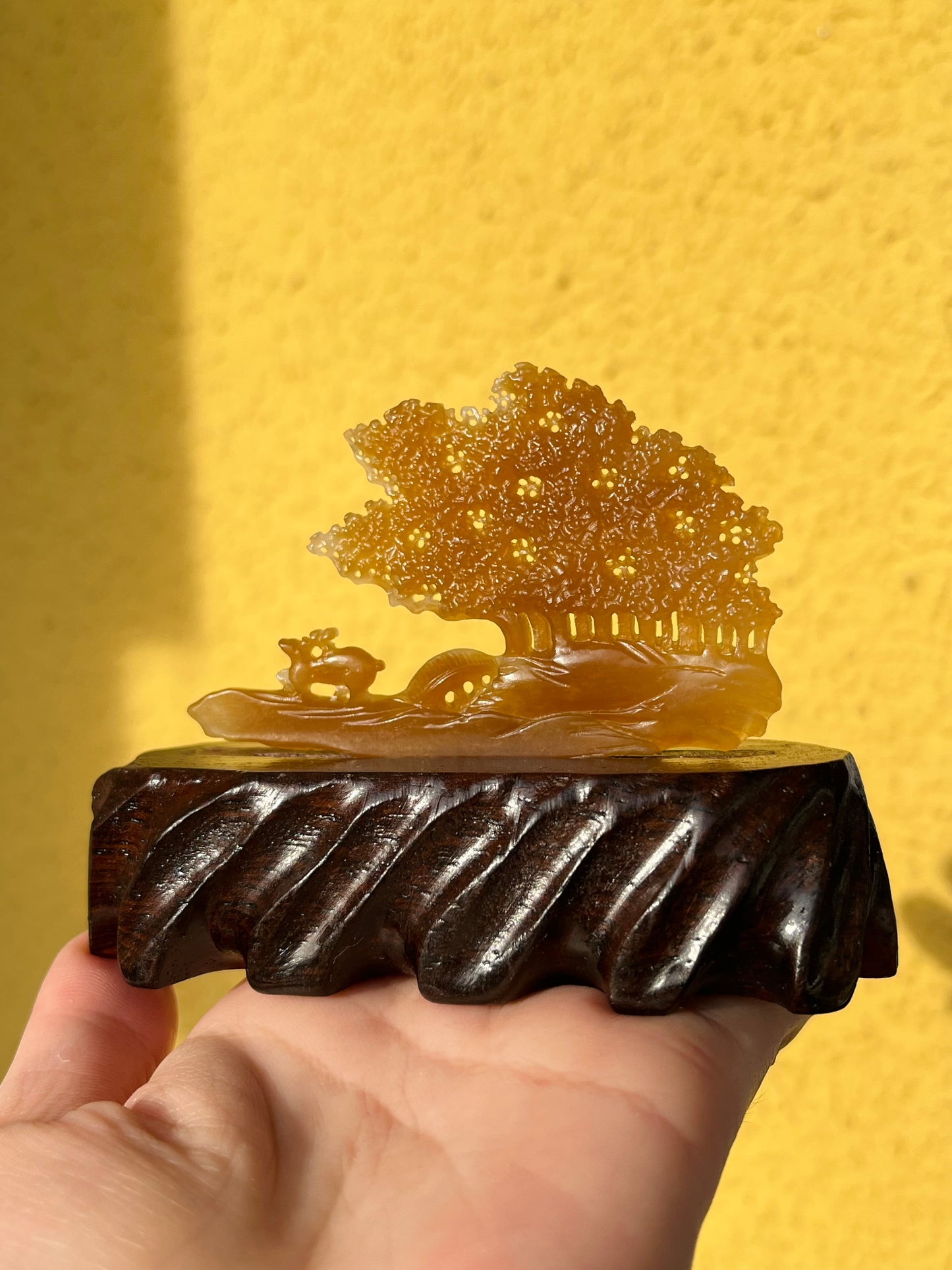Hand Carved Brown Hetian jADE Deers and Tree Ornament, 手雕和田糖玉小鹿（一路有你）摆件