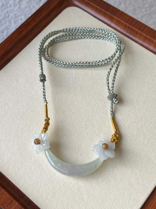 Handmade Icy White Jadeite Huang Pendant | 手编翡翠玉璜