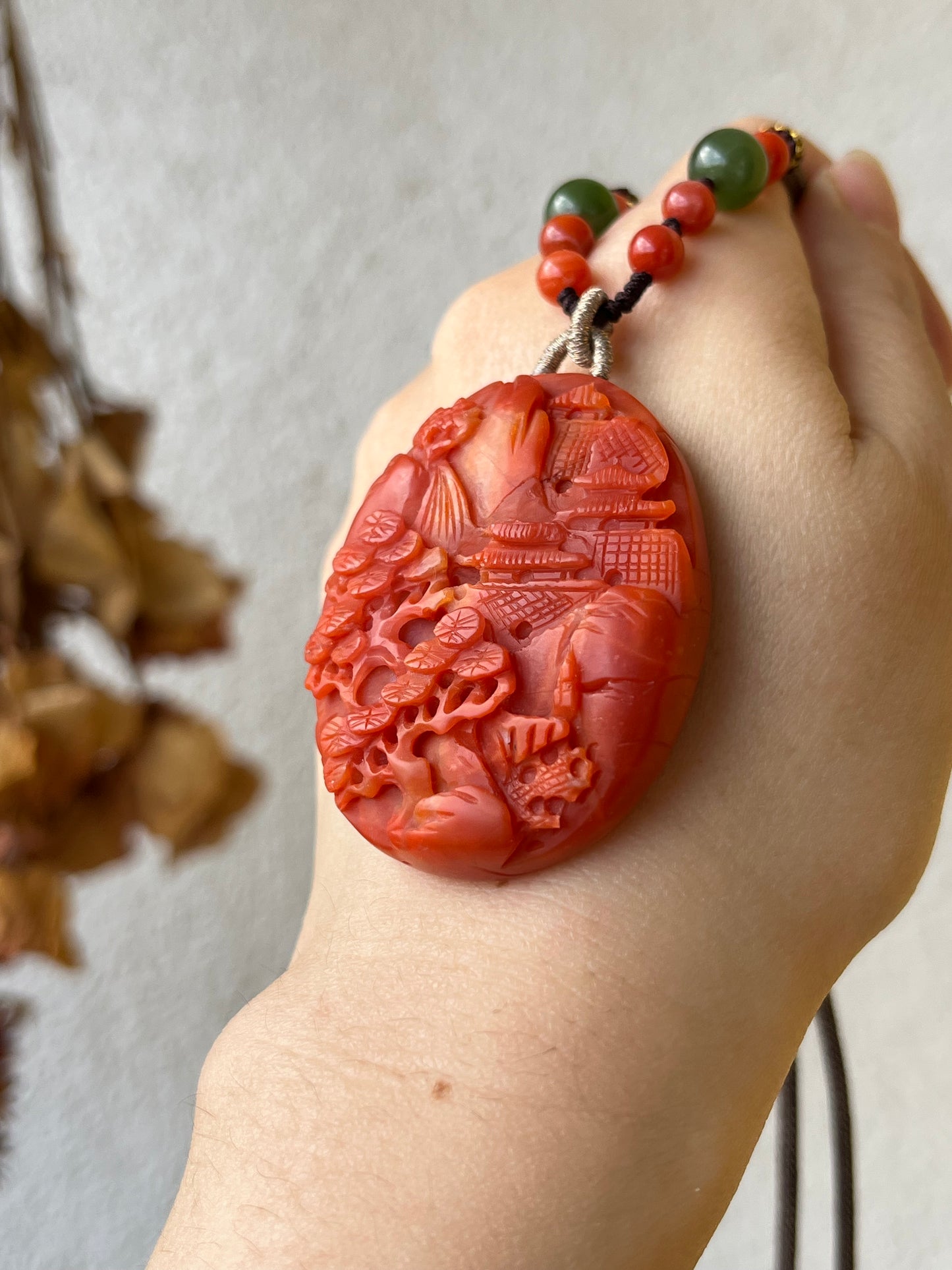 Handmade Necklace with a Hand Carved Nanhong Agate Landscape Pendant, 手雕南红山水