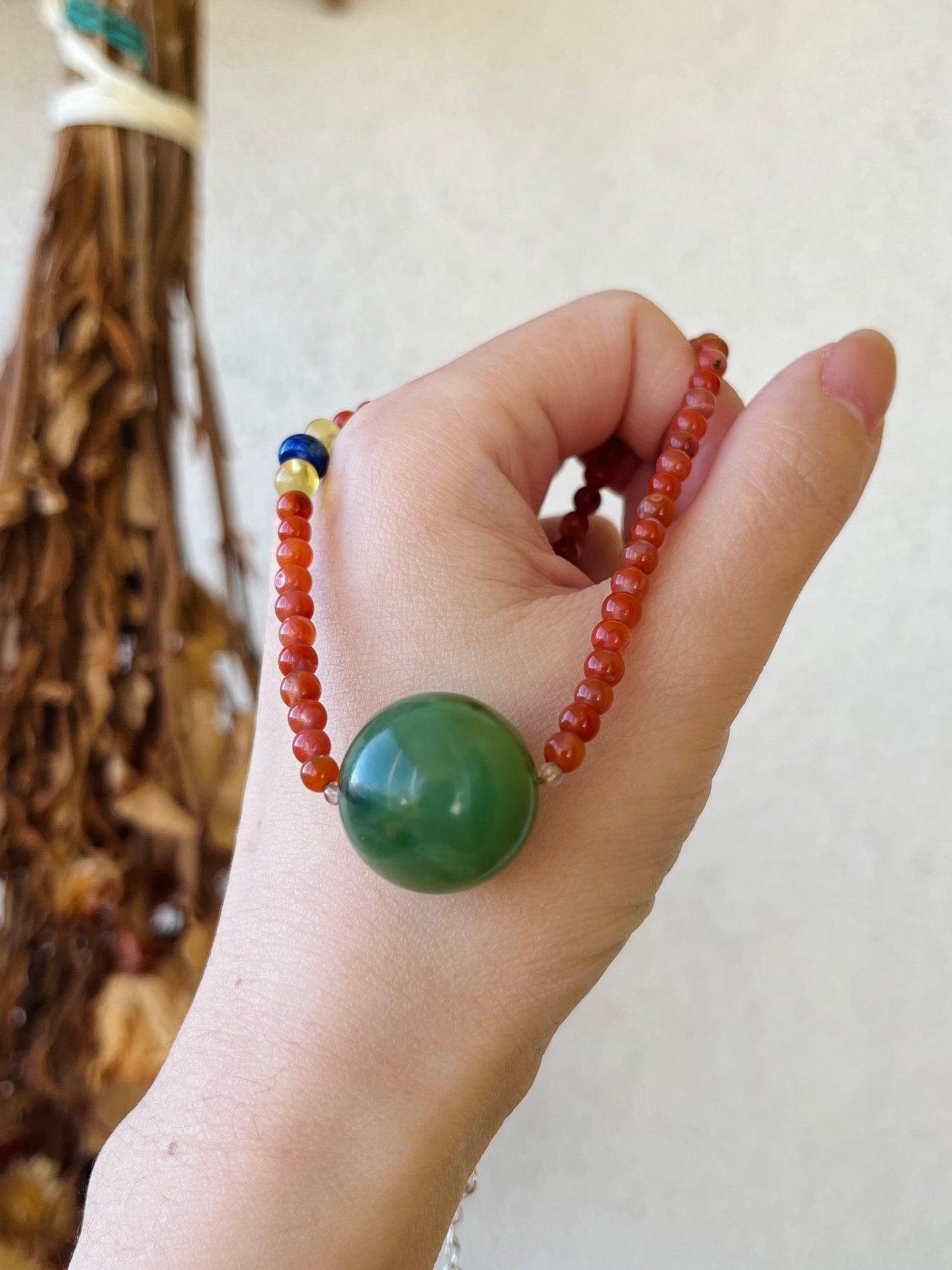 Handmade Nanhong Agate Beaded Necklace with a Single Big Green Hetian Jade Bead (20mm)