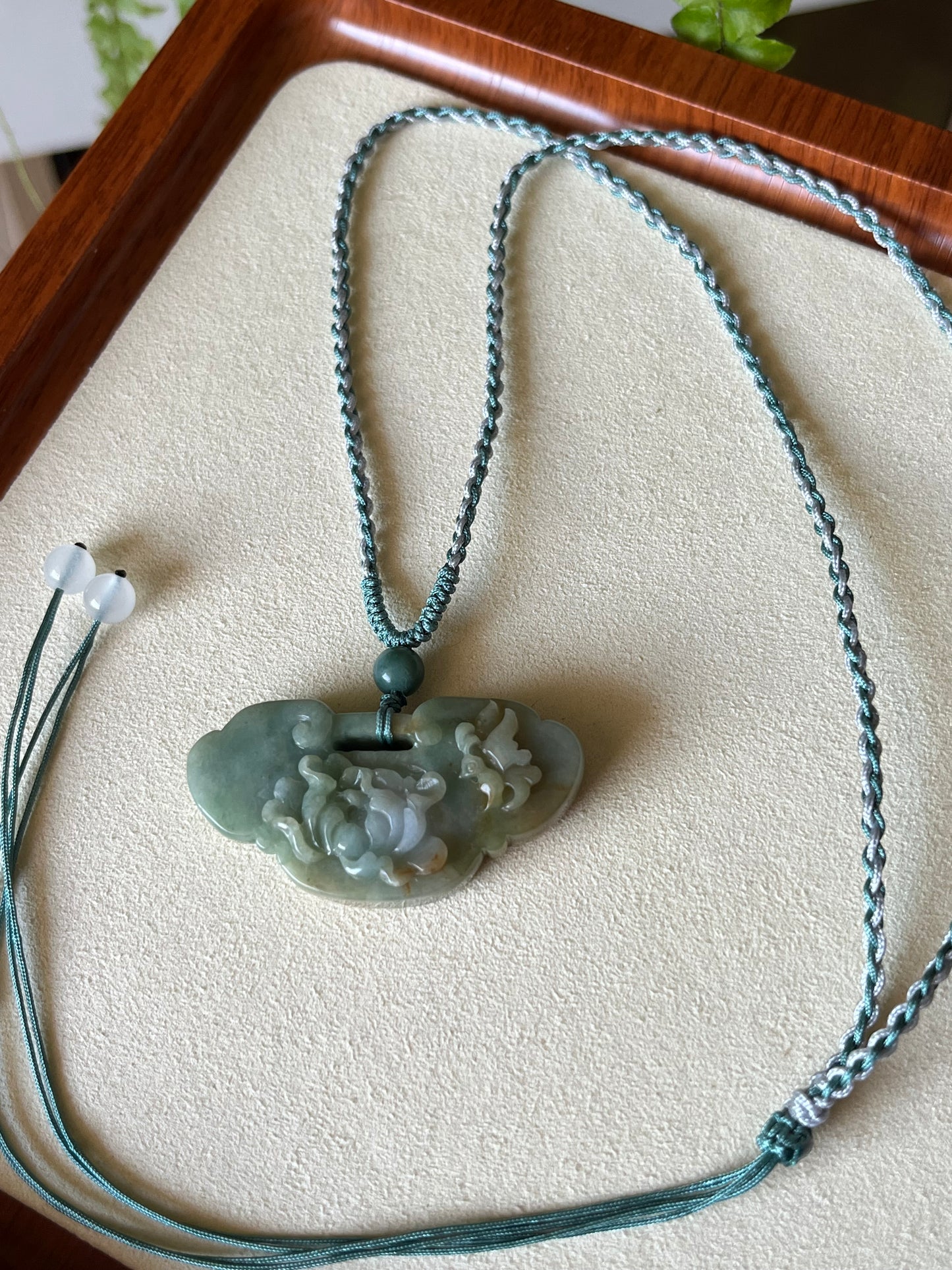 Necklace Crafted from a Hand Carved Jadeite Peony Flower Ruyi Pendant