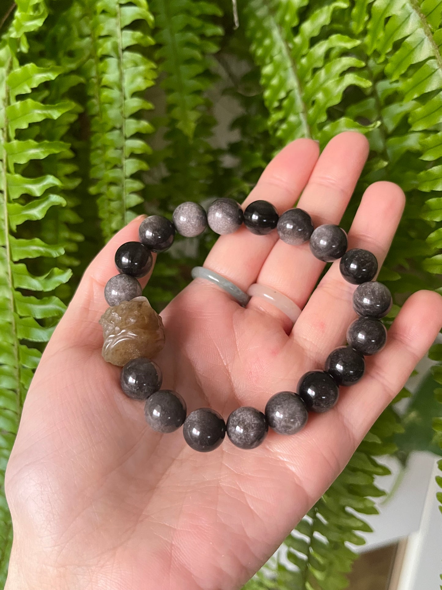 11mm Obsidian Beaded Bracelet with a Brown Hetian Jade Lion Dance Head