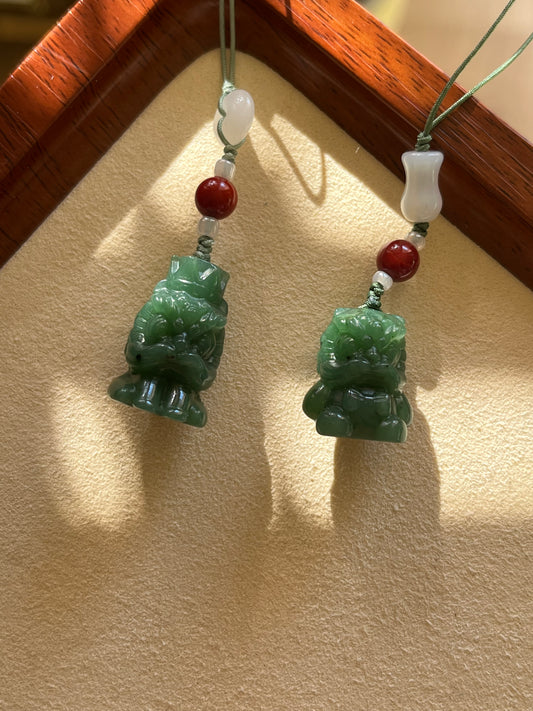 Cute Green Hetian Jade Lion Dance Phone Charm / Bag Charm